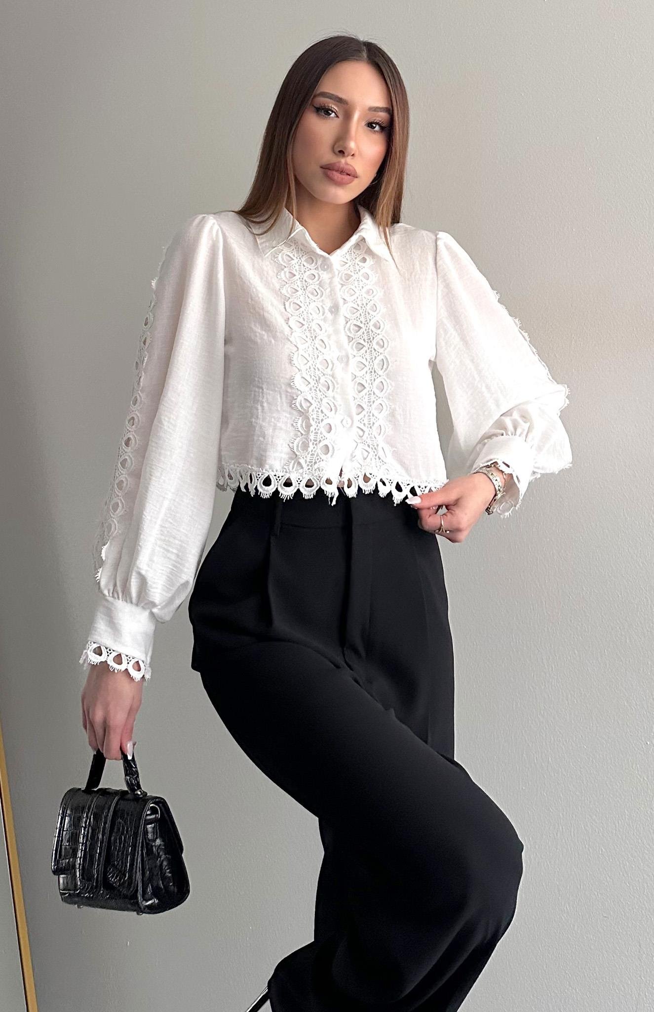 Dantelli Crop Keten Gömlek EKRU