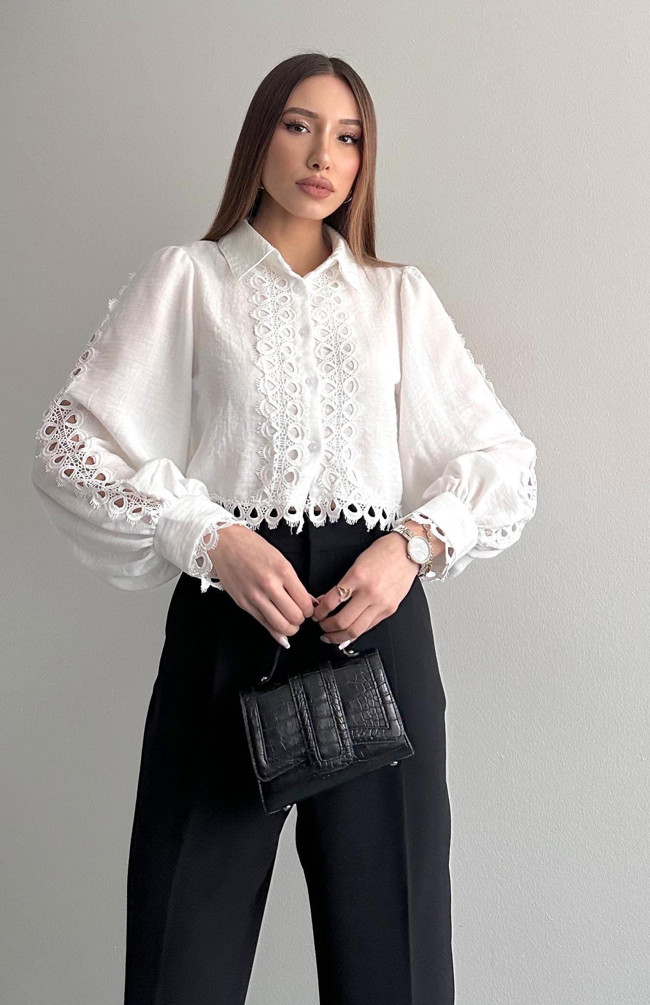 Dantelli Crop Keten Gömlek EKRU