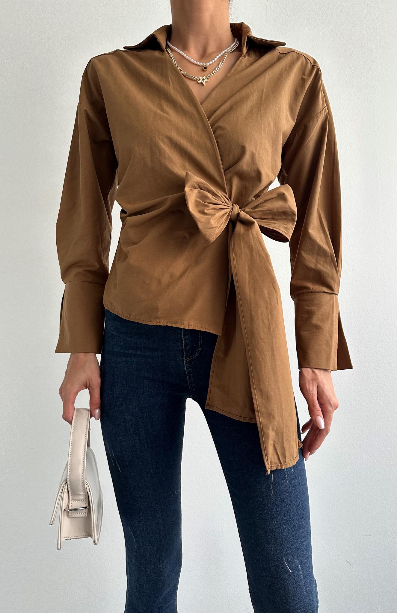 Düz Yandan Bağlamalı Gömlek CAMEL
