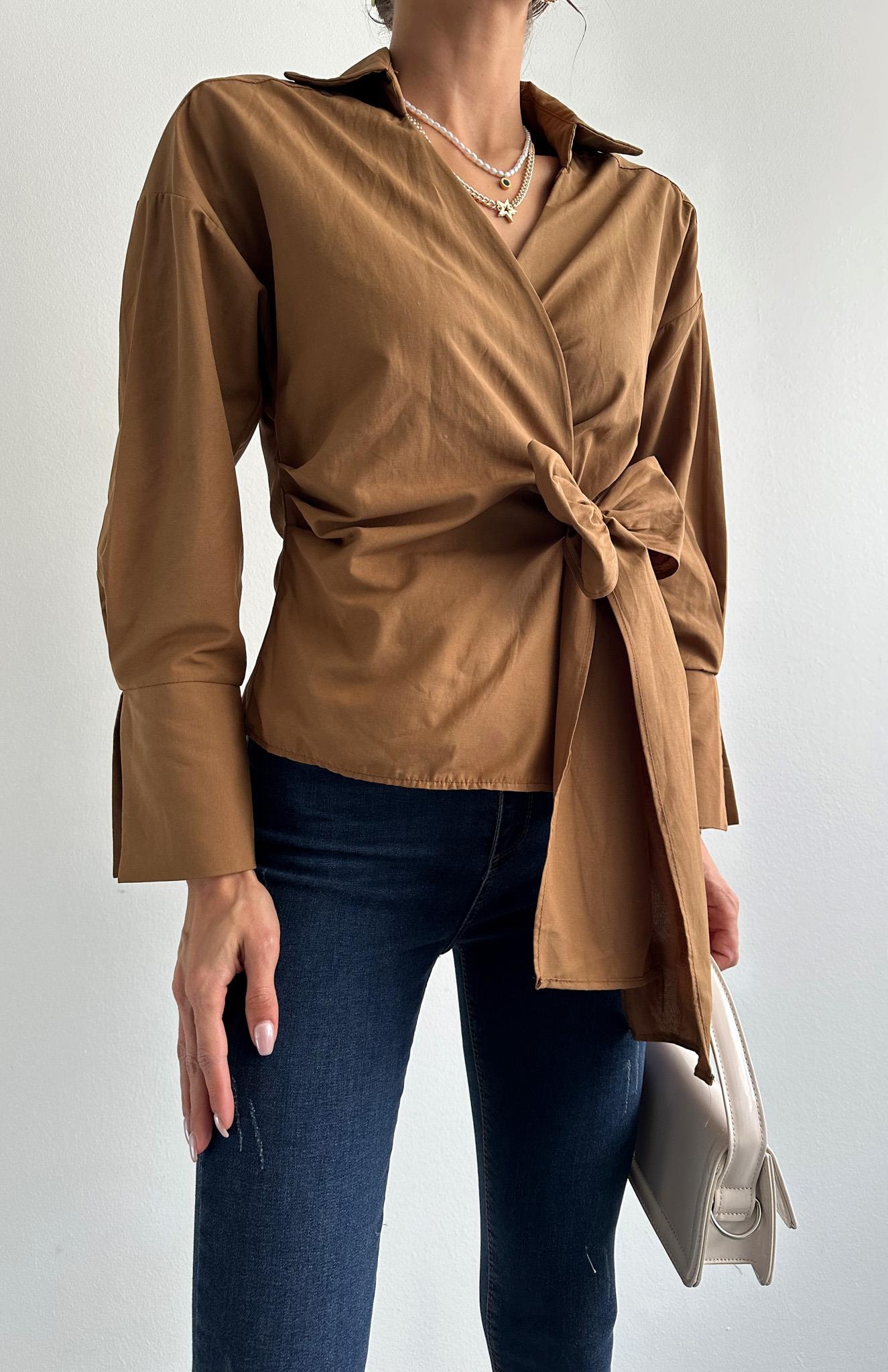 Düz Yandan Bağlamalı Gömlek CAMEL