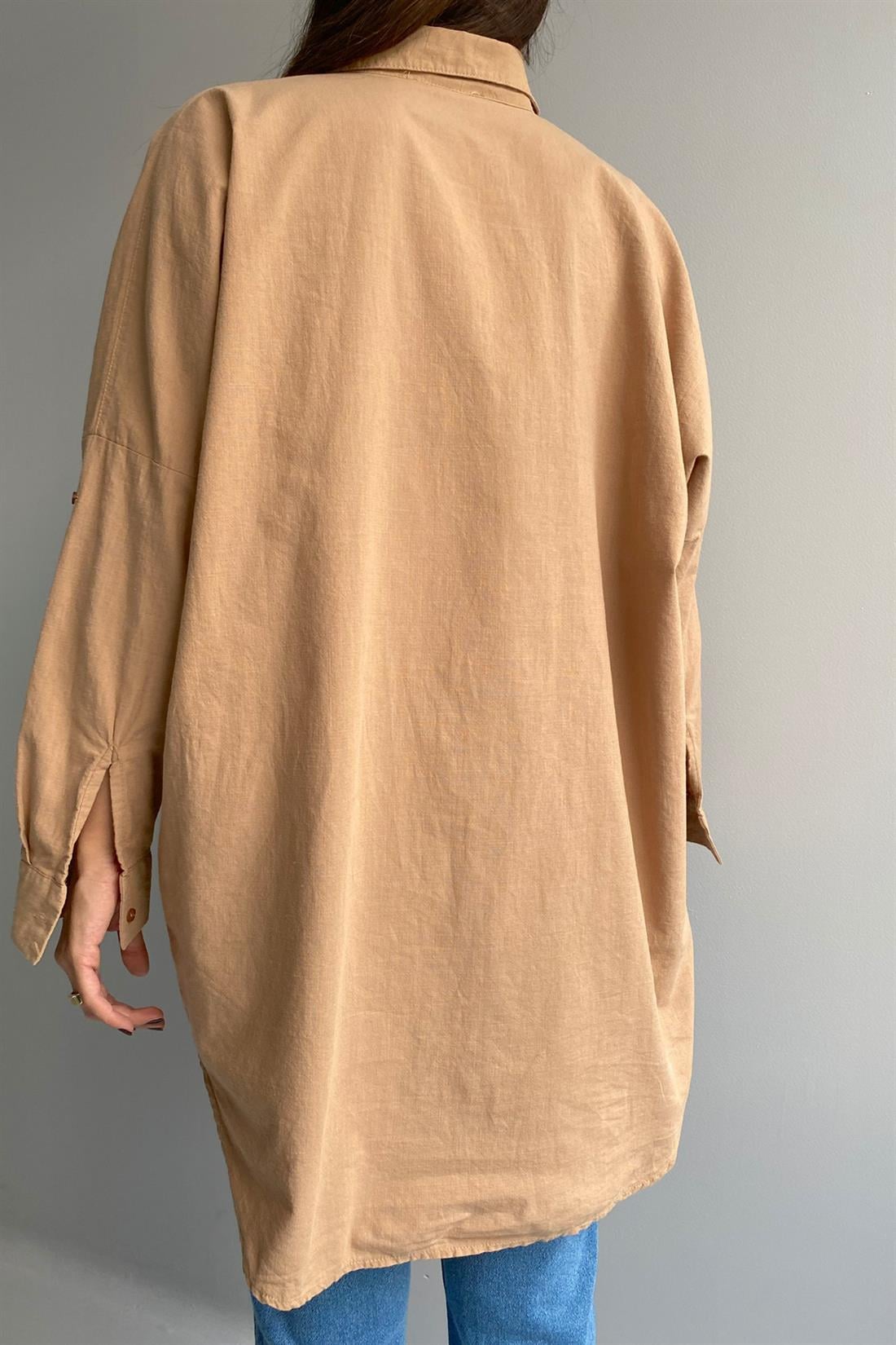 Mercan Taş Keten Oversize Gömlek CAMEL