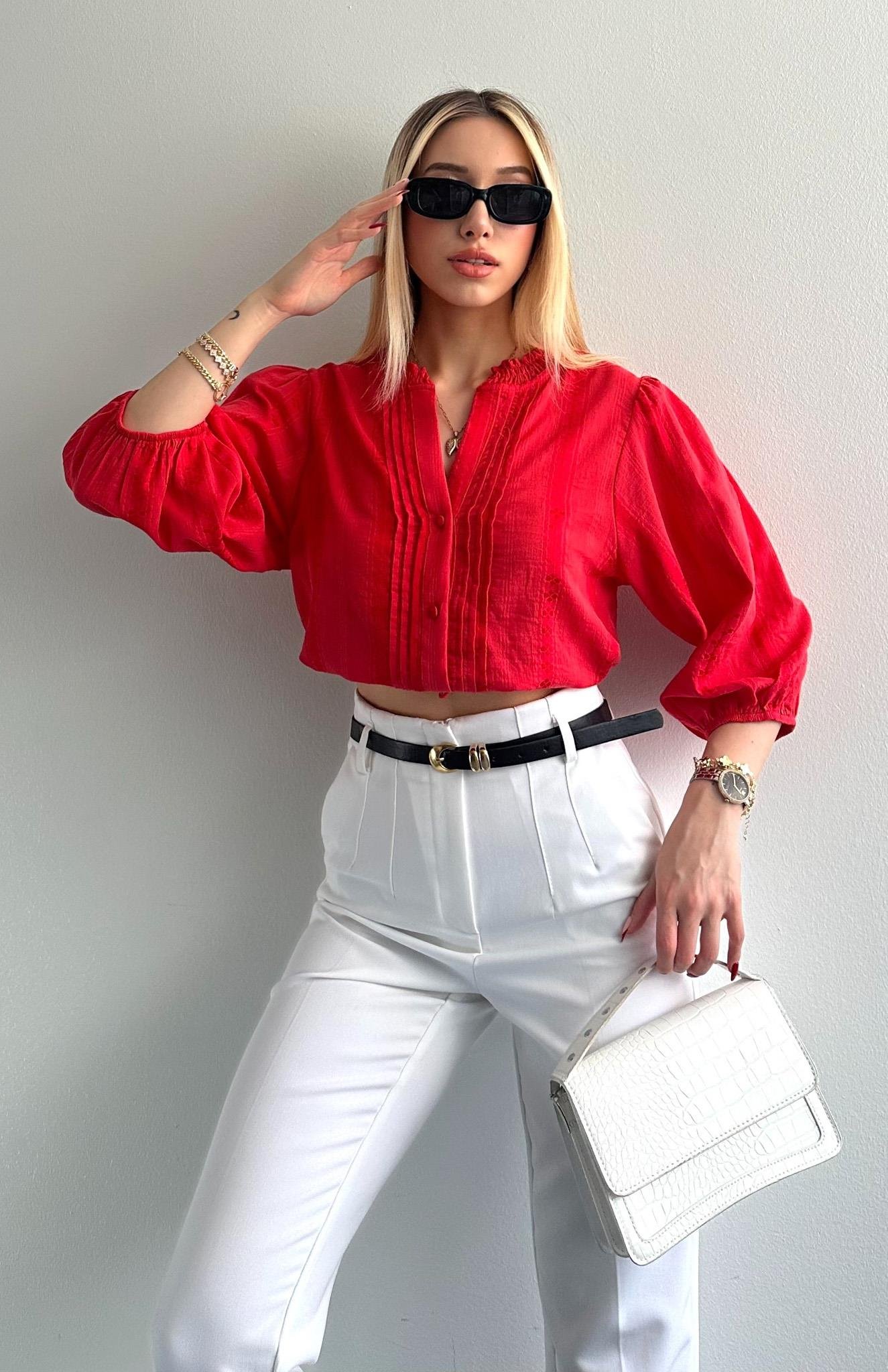 Nevür Detaylı Balon Kol Gömlek KIRMIZI