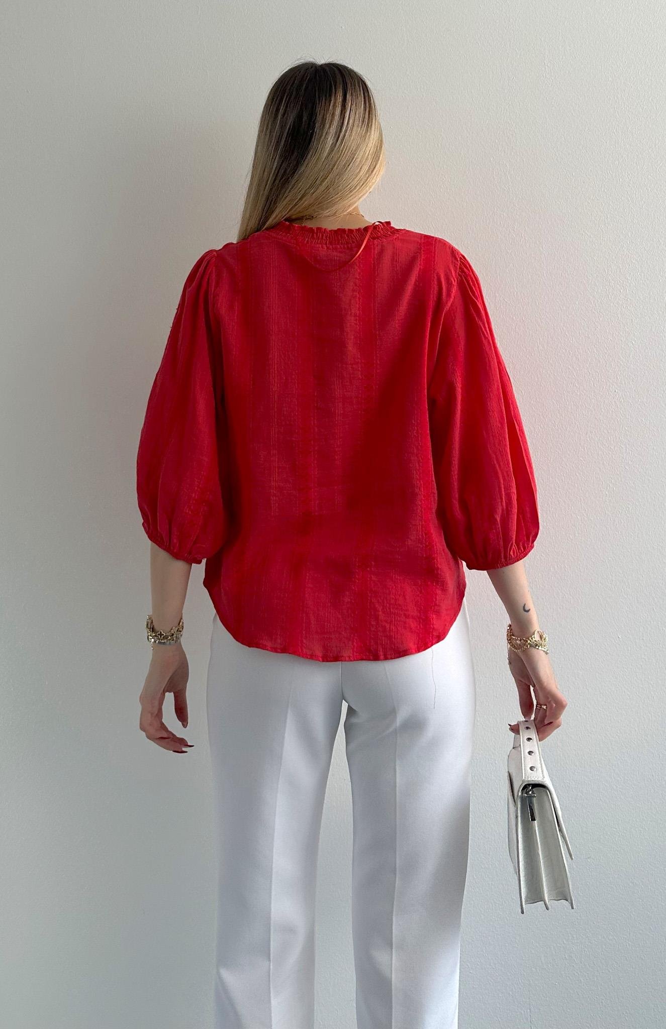 Nevür Detaylı Balon Kol Gömlek KIRMIZI