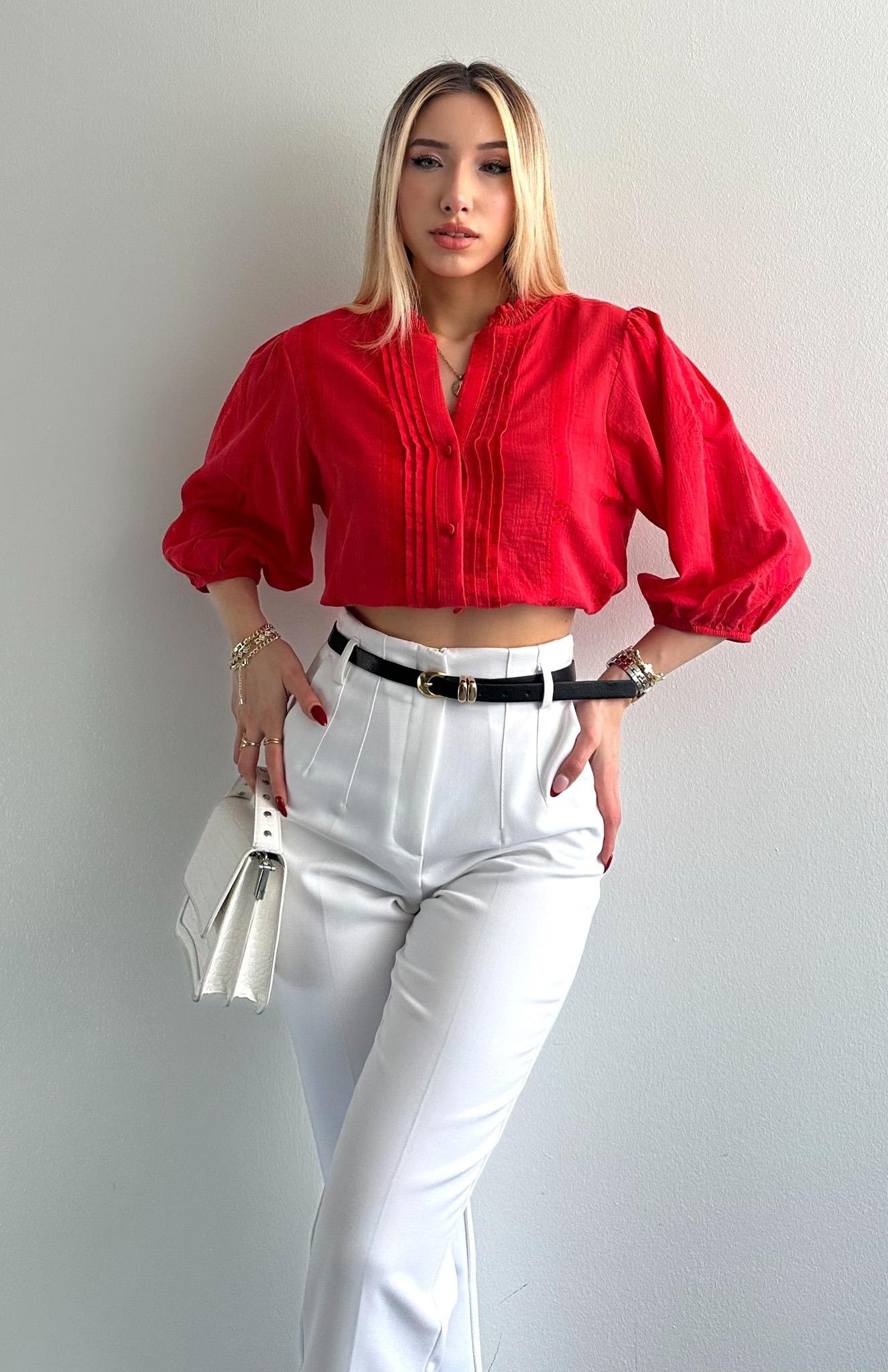 Nevür Detaylı Balon Kol Gömlek KIRMIZI