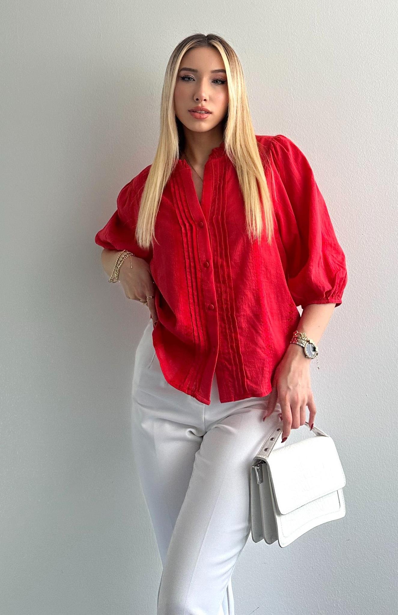 Nevür Detaylı Balon Kol Gömlek KIRMIZI