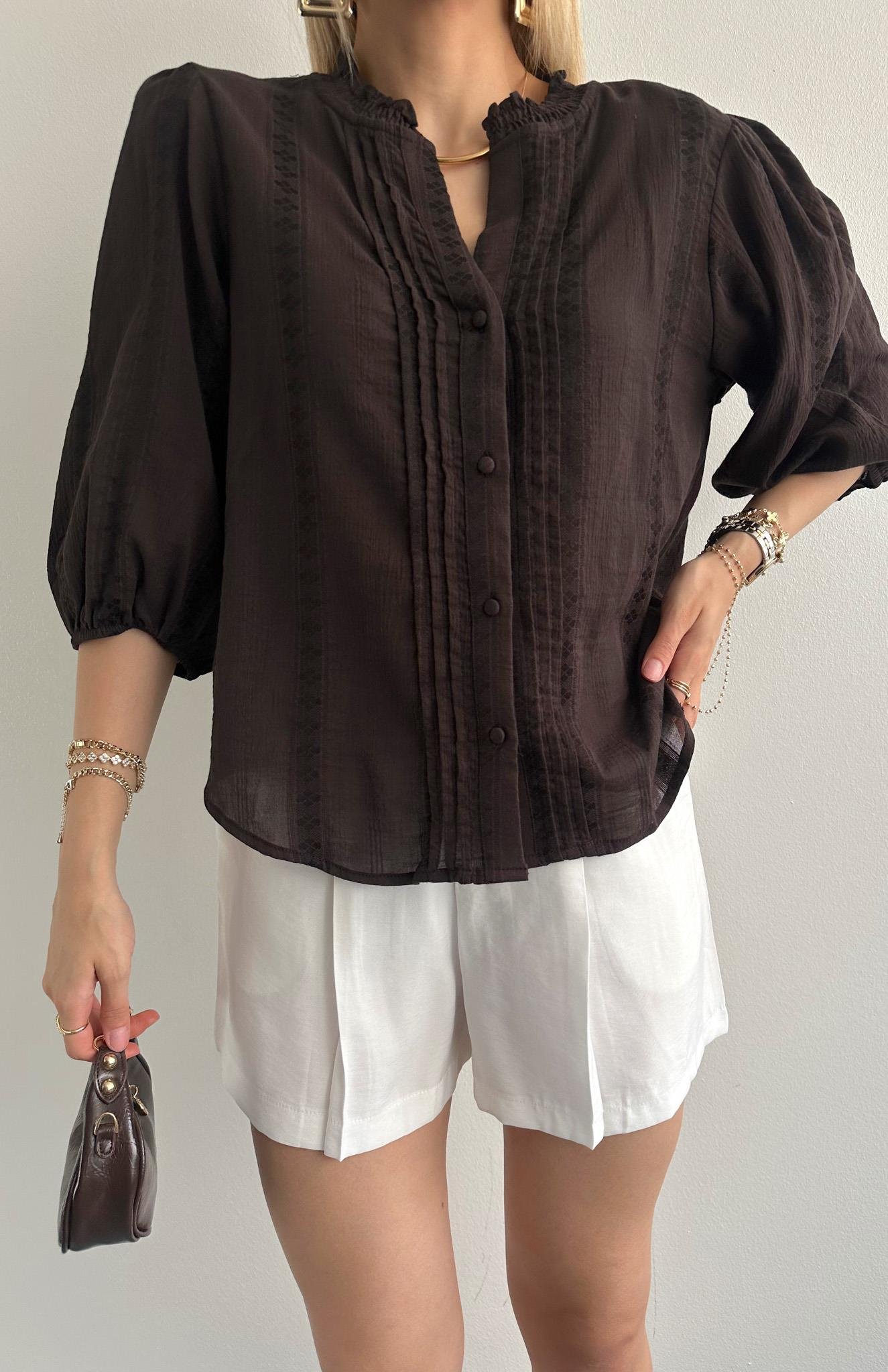 Nevür Detaylı Balon Kol Gömlek KOYU KAHVE