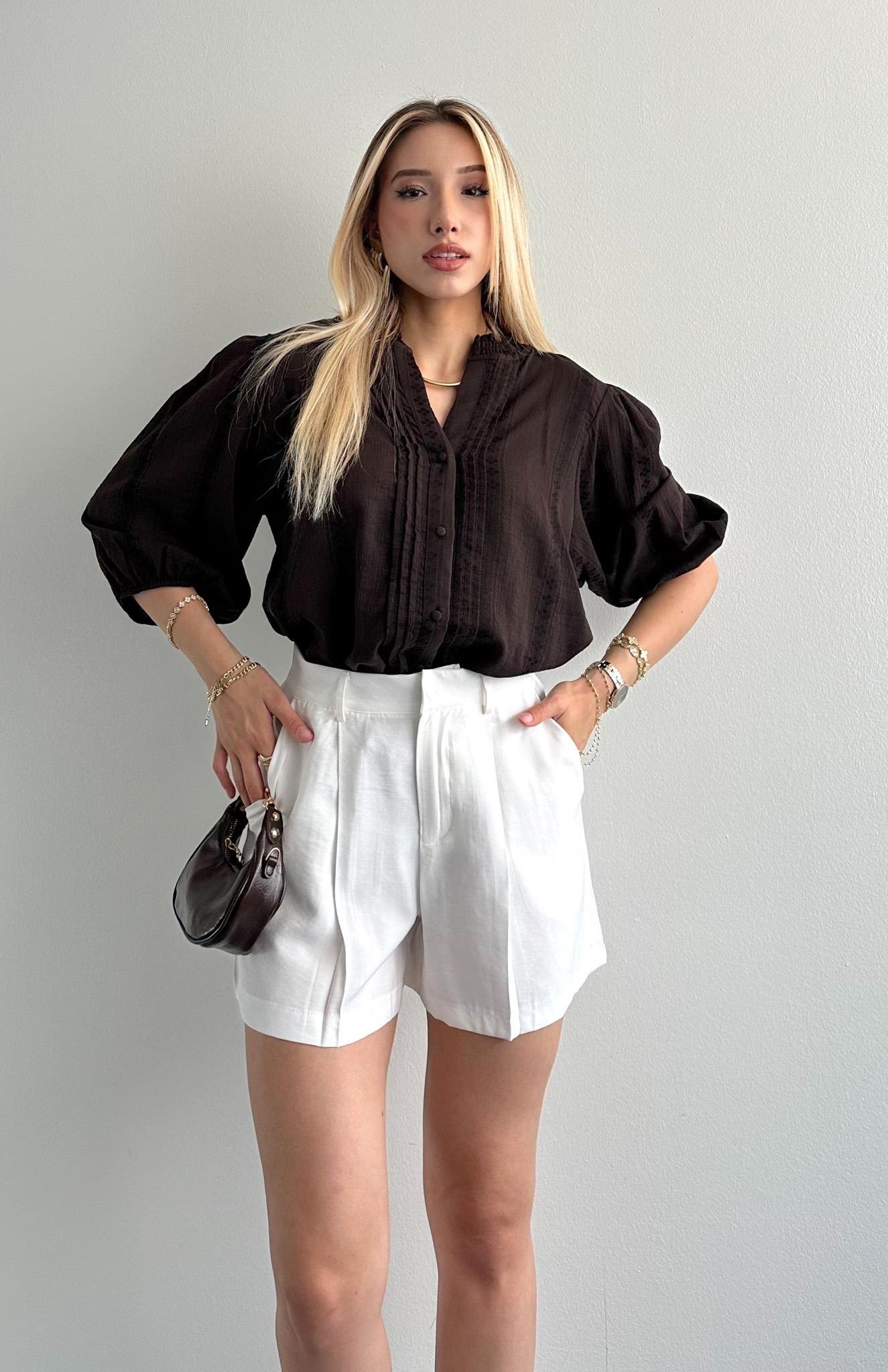 Nevür Detaylı Balon Kol Gömlek KOYU KAHVE