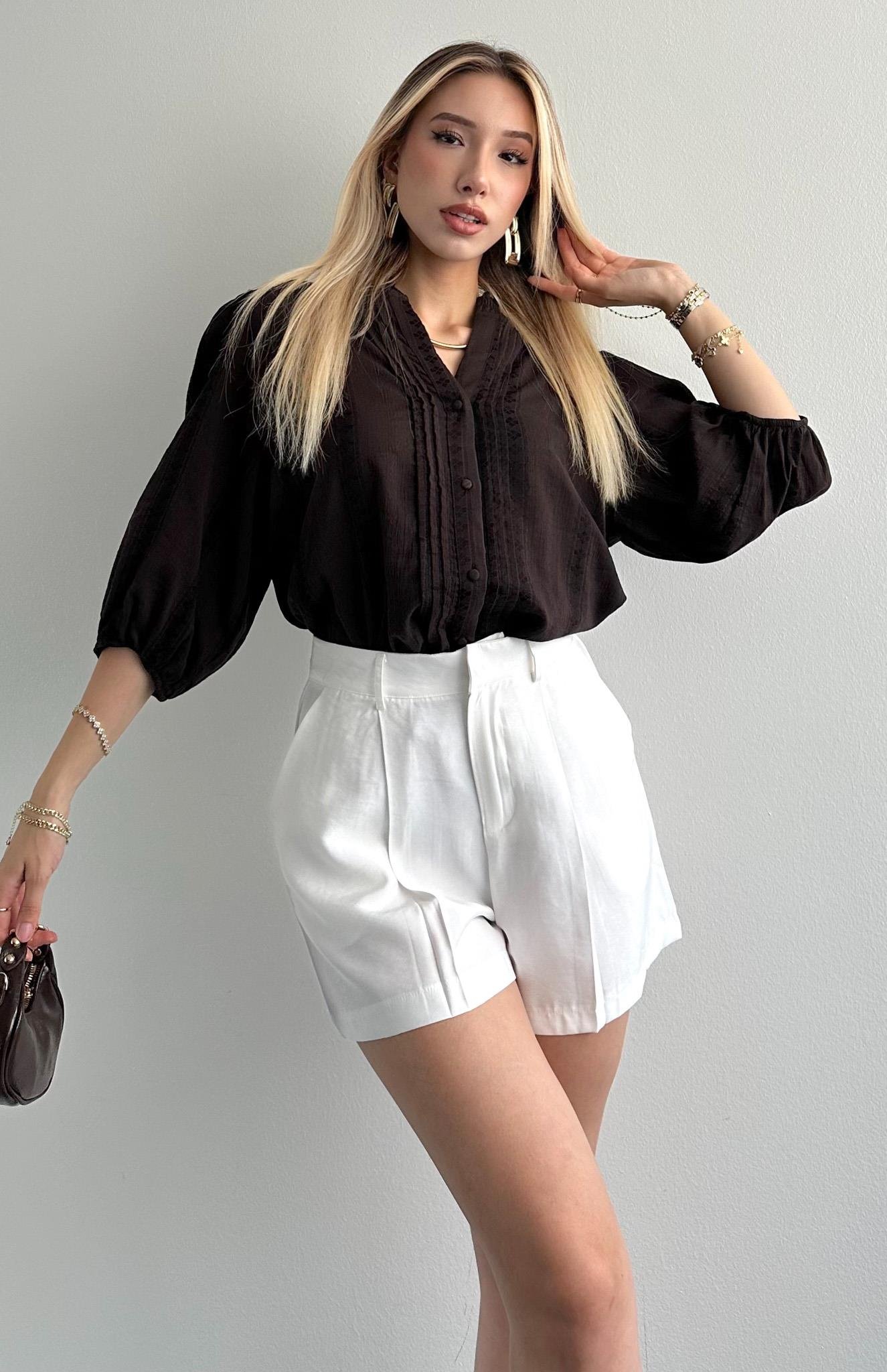 Nevür Detaylı Balon Kol Gömlek KOYU KAHVE