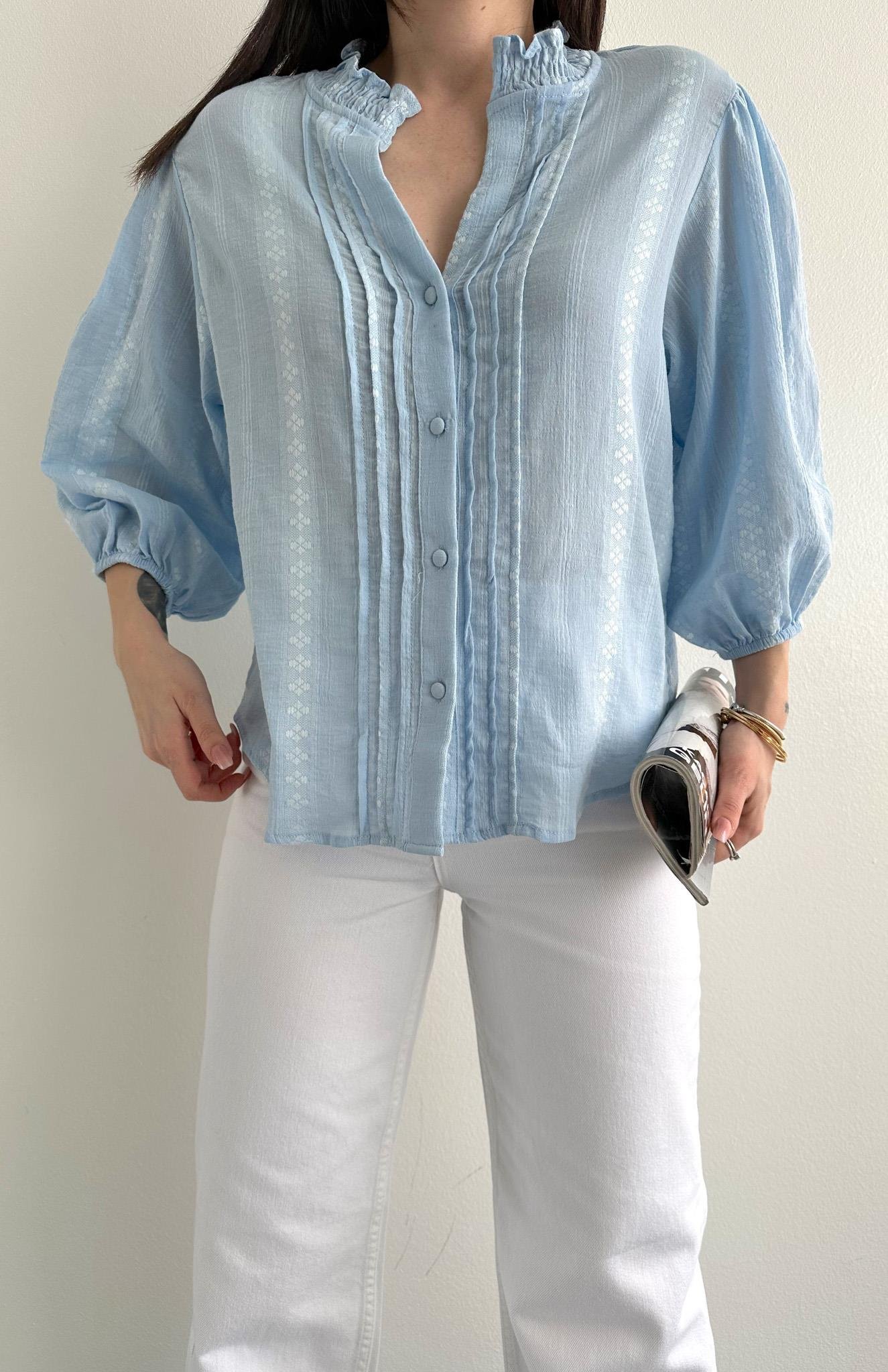 Nevür Detaylı Balon Kol Gömlek MAVİ