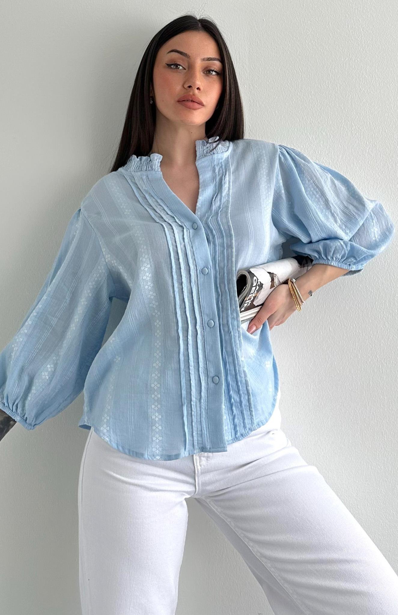 Nevür Detaylı Balon Kol Gömlek MAVİ