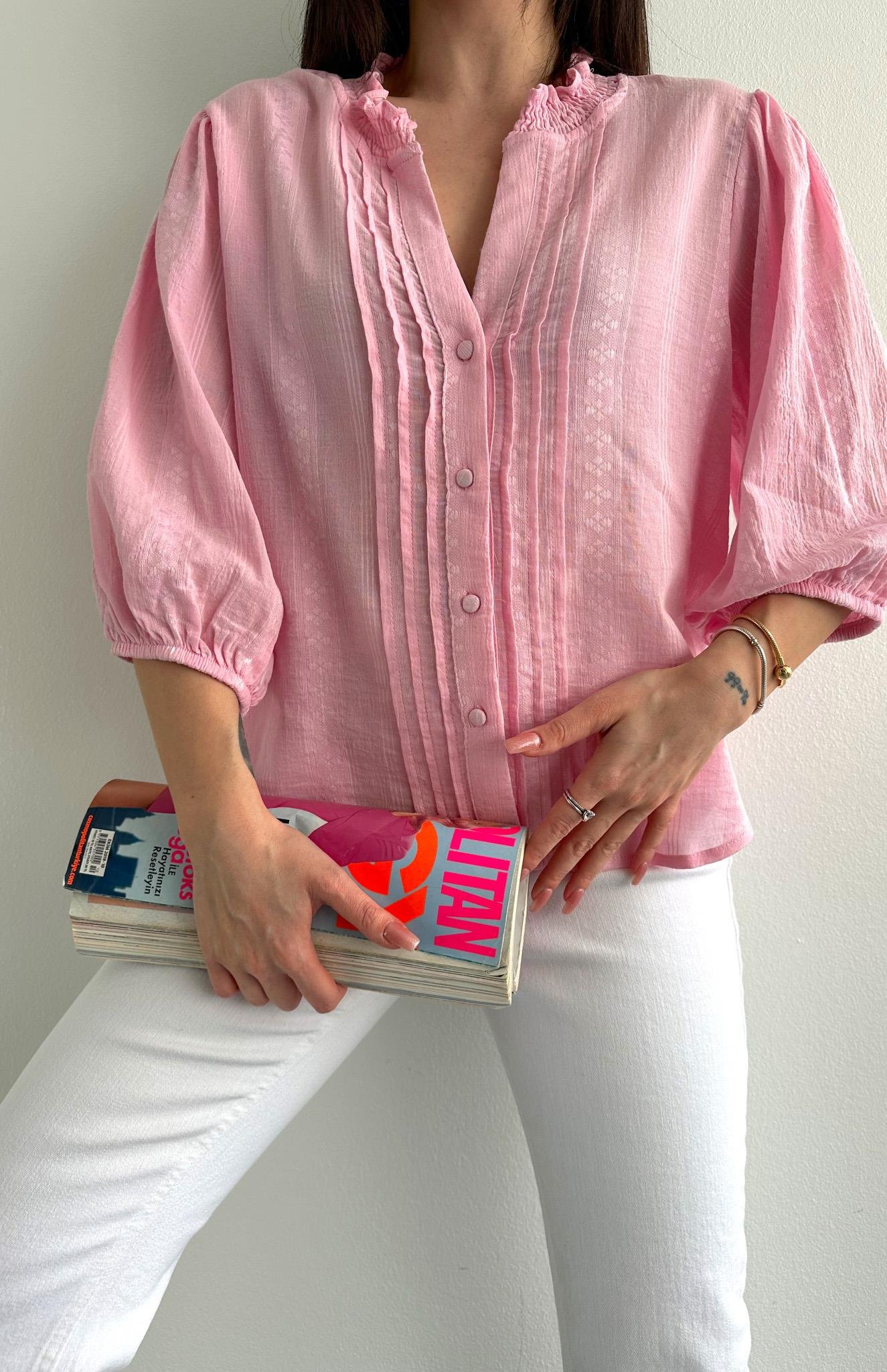 Nevür Detaylı Balon Kol Gömlek PEMBE