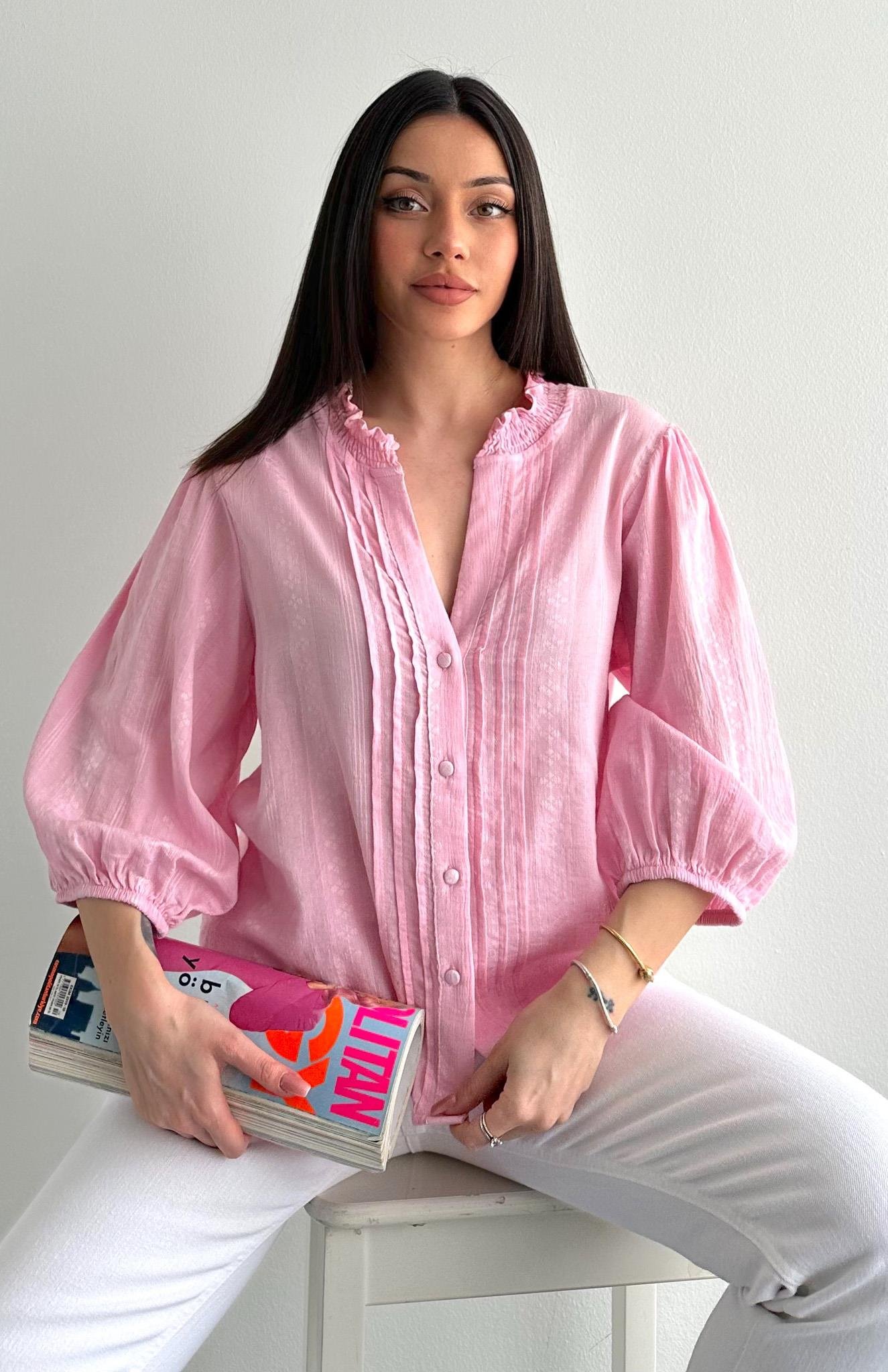 Nevür Detaylı Balon Kol Gömlek PEMBE