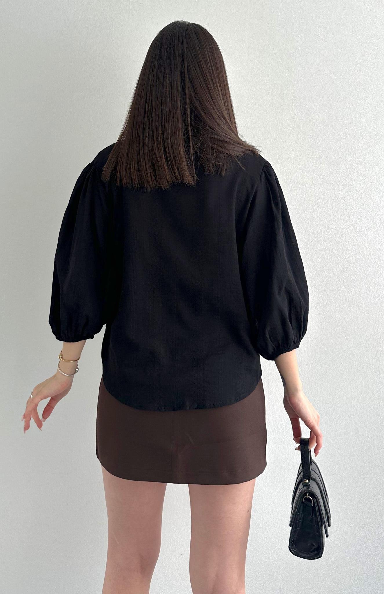 Nevür Detaylı Balon Kol Gömlek SİYAH