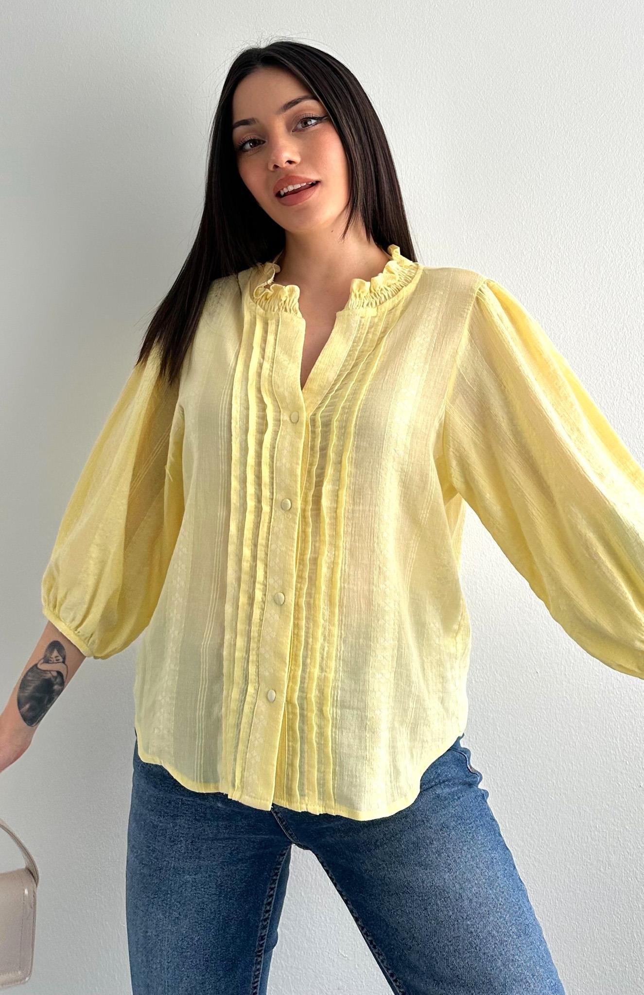 Nevür Detaylı Balon Kol Gömlek SARI