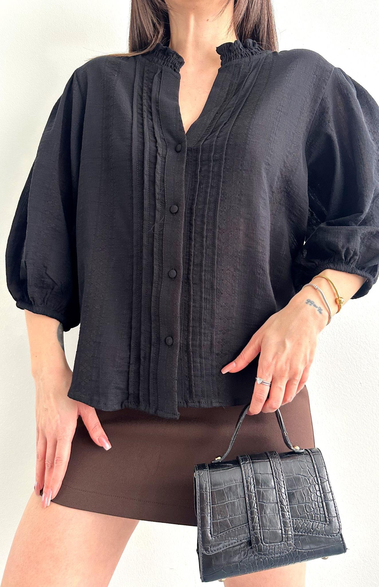 Nevür Detaylı Balon Kol Gömlek SİYAH