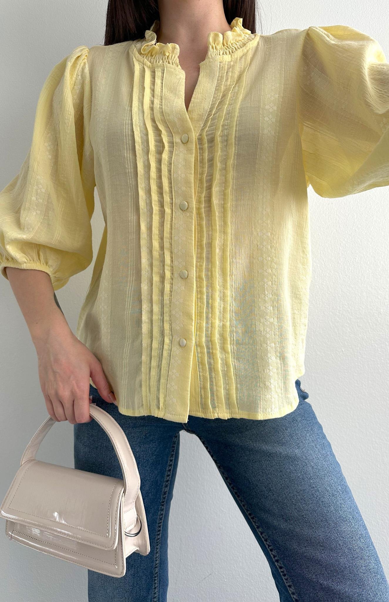 Nevür Detaylı Balon Kol Gömlek SARI