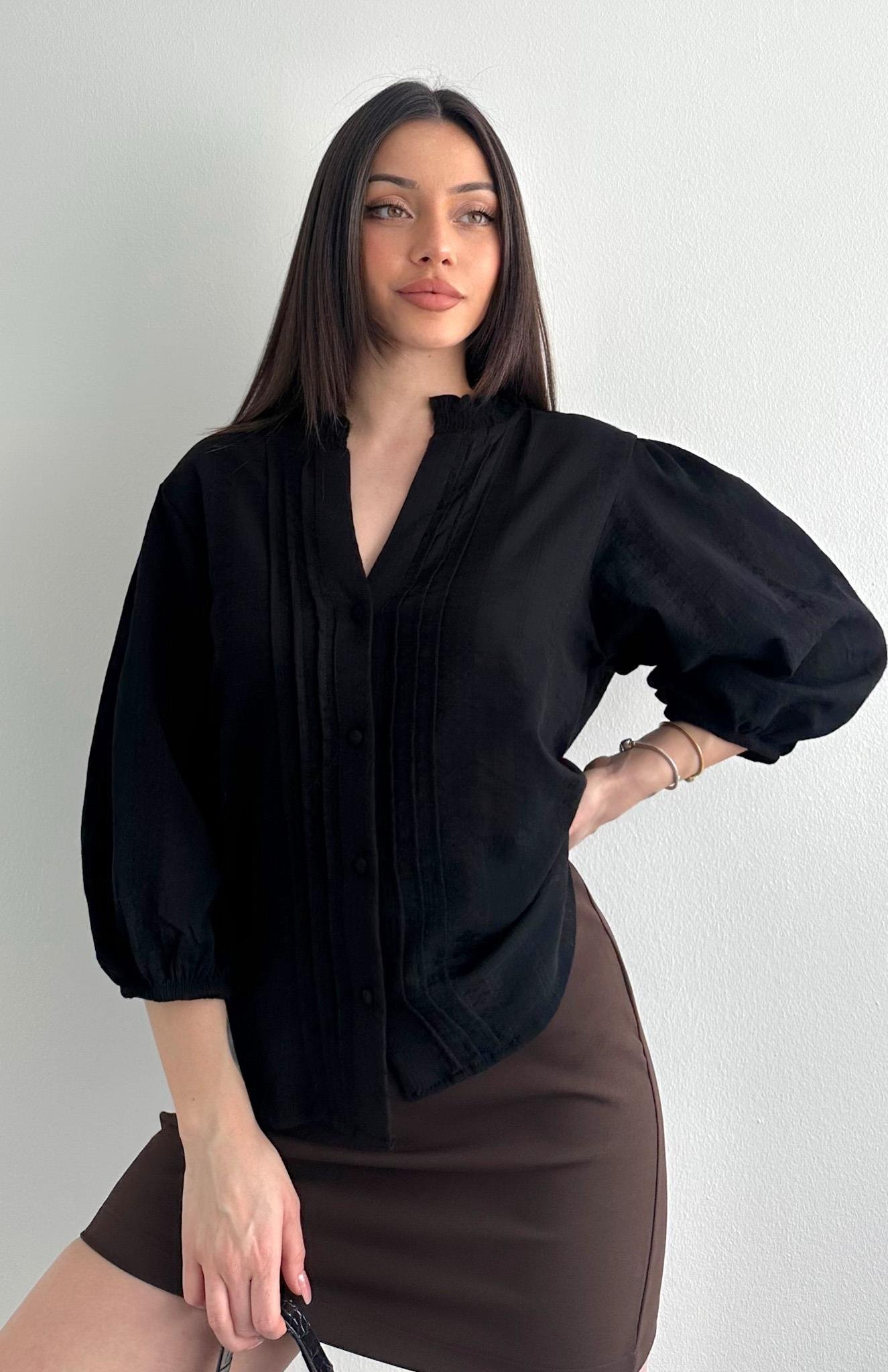 Nevür Detaylı Balon Kol Gömlek SİYAH