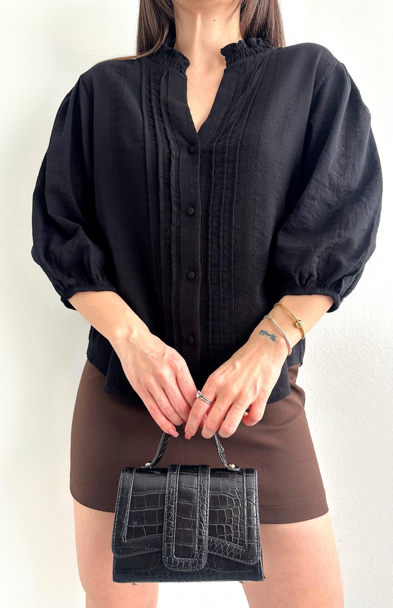 Nevür Detaylı Balon Kol Gömlek SİYAH