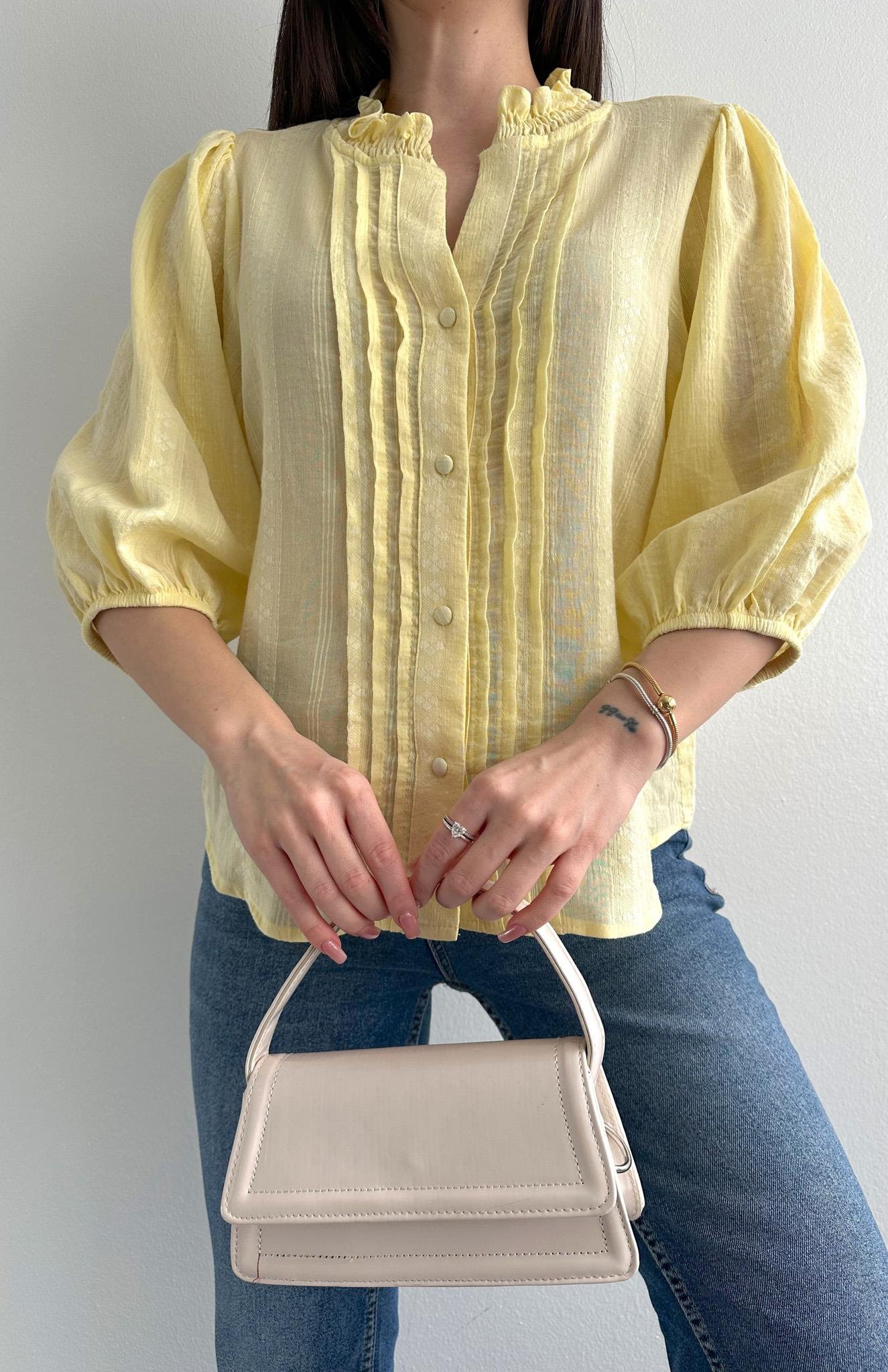 Nevür Detaylı Balon Kol Gömlek SARI