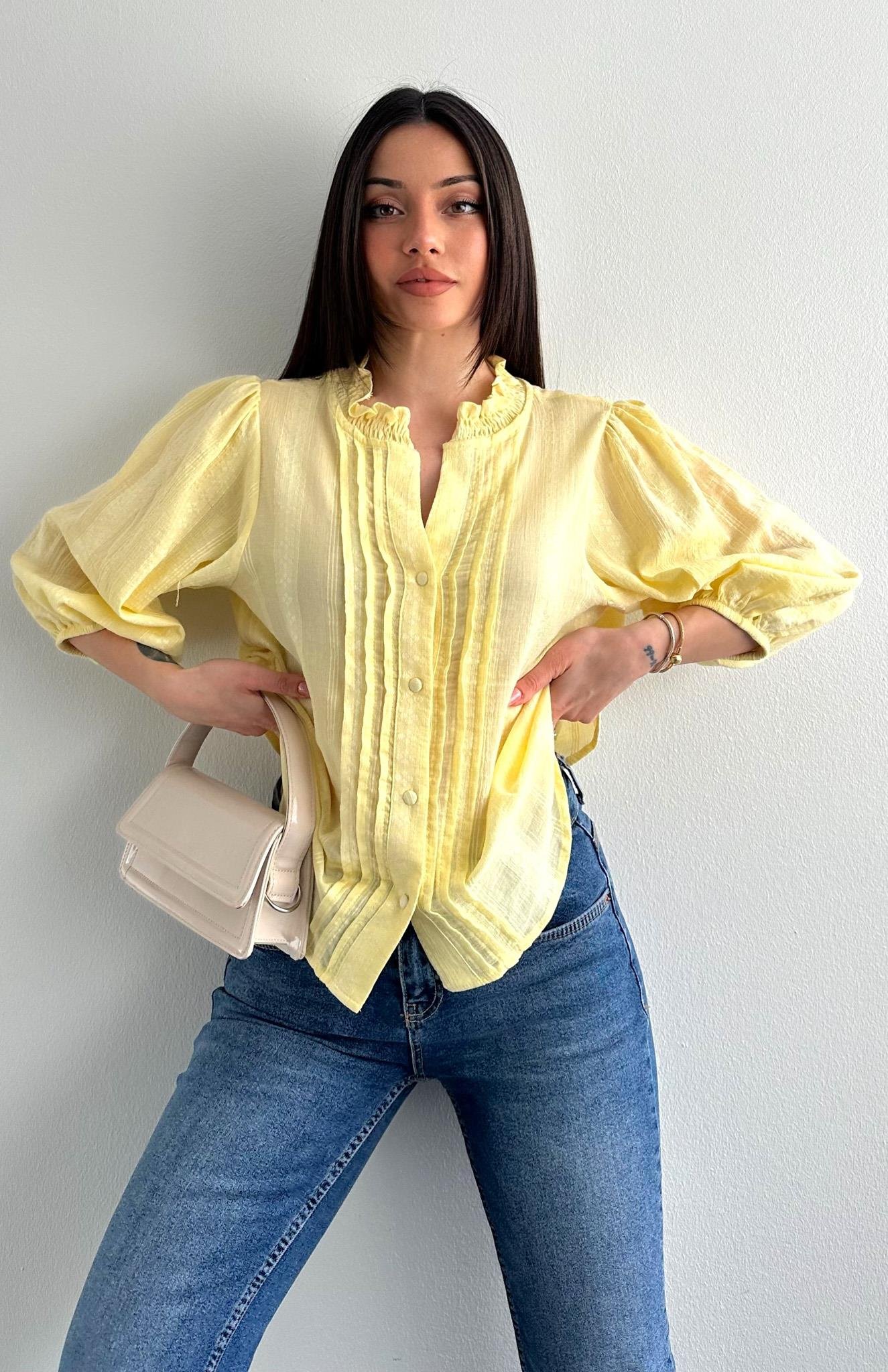 Nevür Detaylı Balon Kol Gömlek SARI