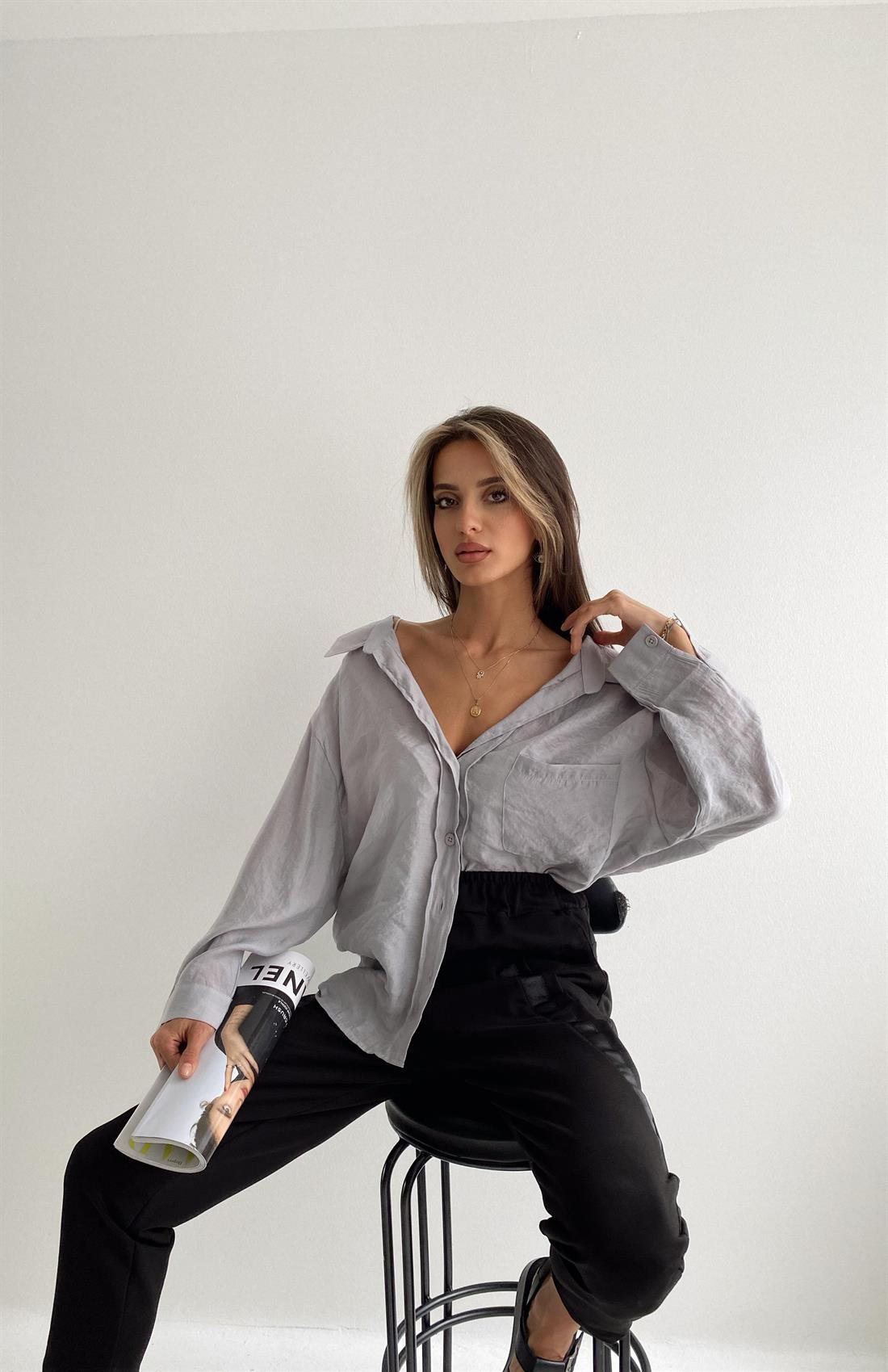 Omzu Düşük Oversize Gömlek GRİ