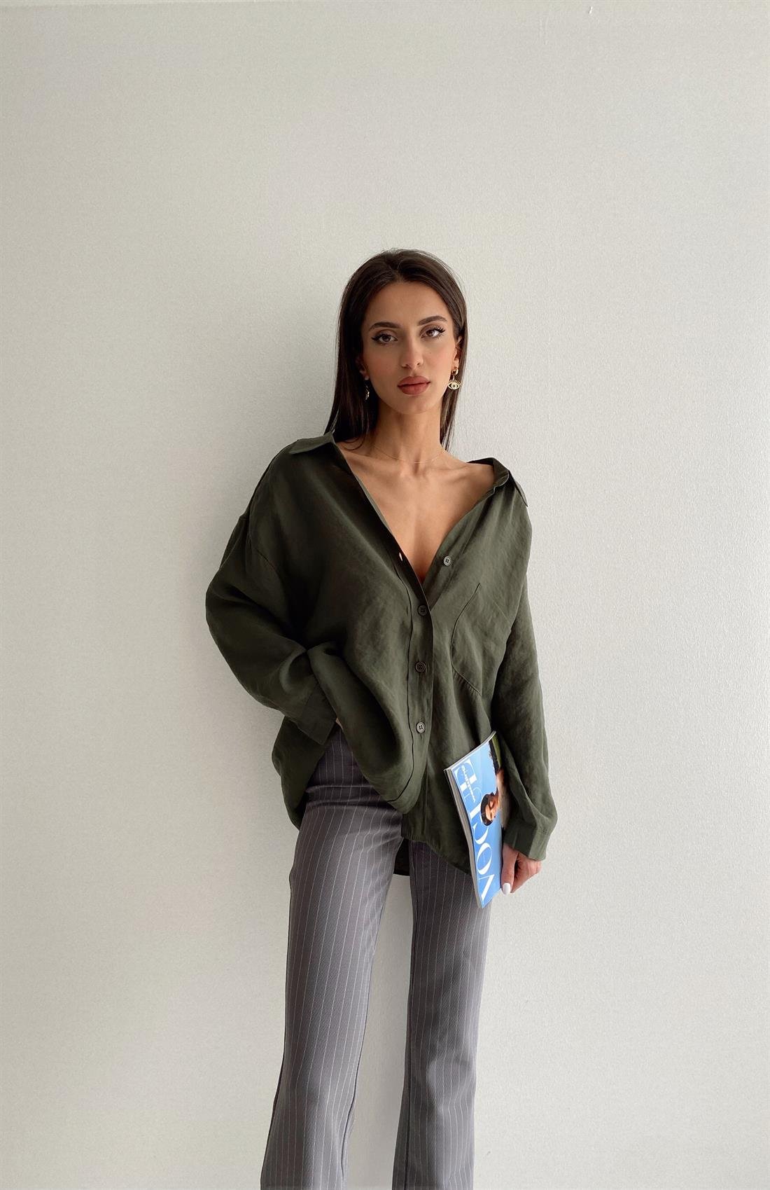 Omzu Düşük Oversize Gömlek HAKİ