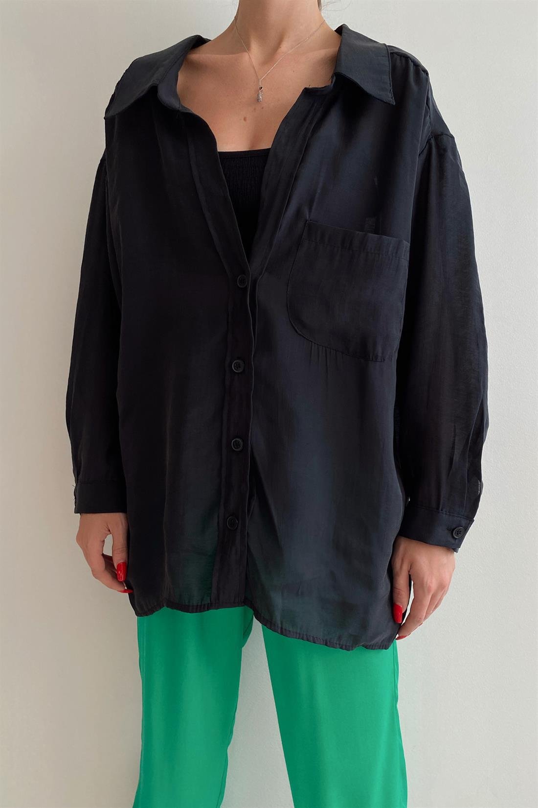 Omzu Düşük Oversize Gömlek SİYAH