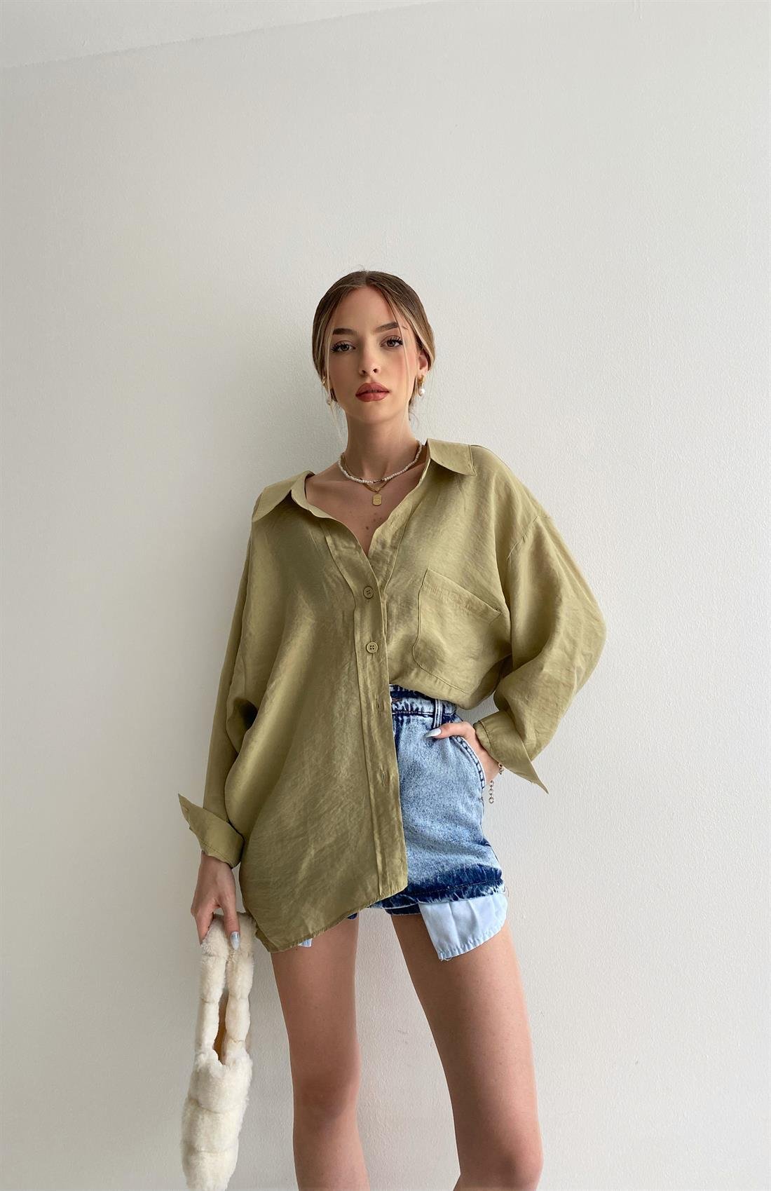 Omzu Düşük Oversize Gömlek YEŞİL