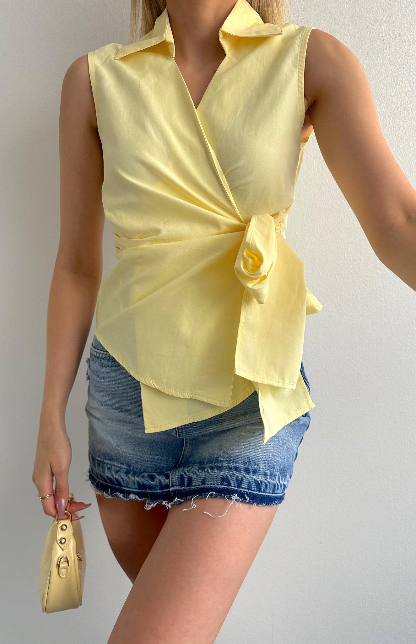 Önü Kruvaze Bağlamalı Pİleli Kolsuz Gömlek SARI