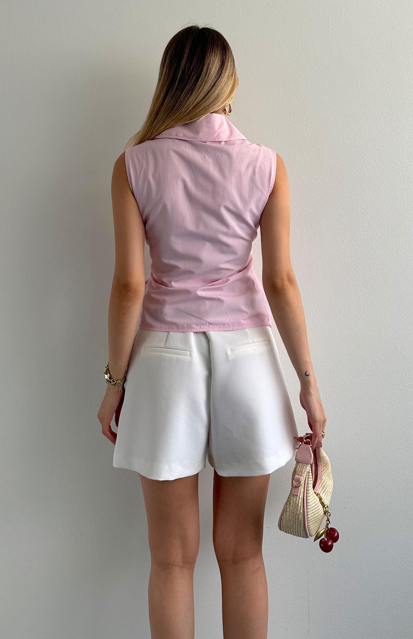 Önü Kruvaze Bağlamalı Pİleli Kolsuz Gömlek PEMBE