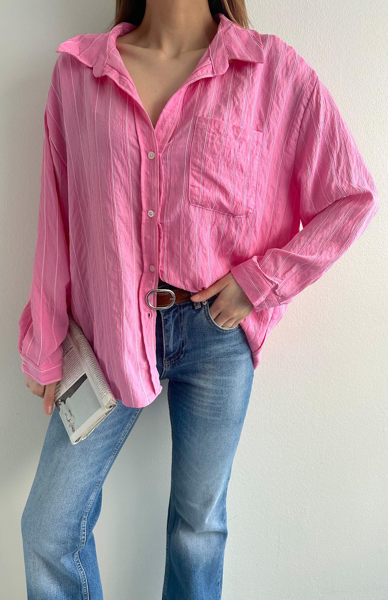 Oversize Çizgili Gömlek PEMBE
