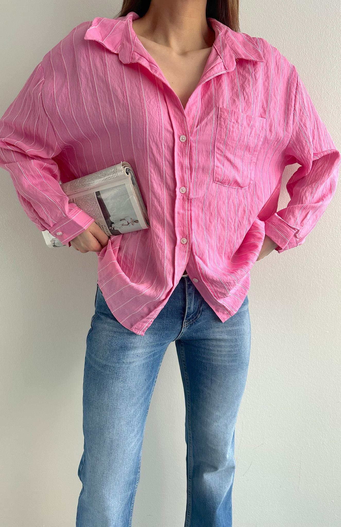 Oversize Çizgili Gömlek PEMBE