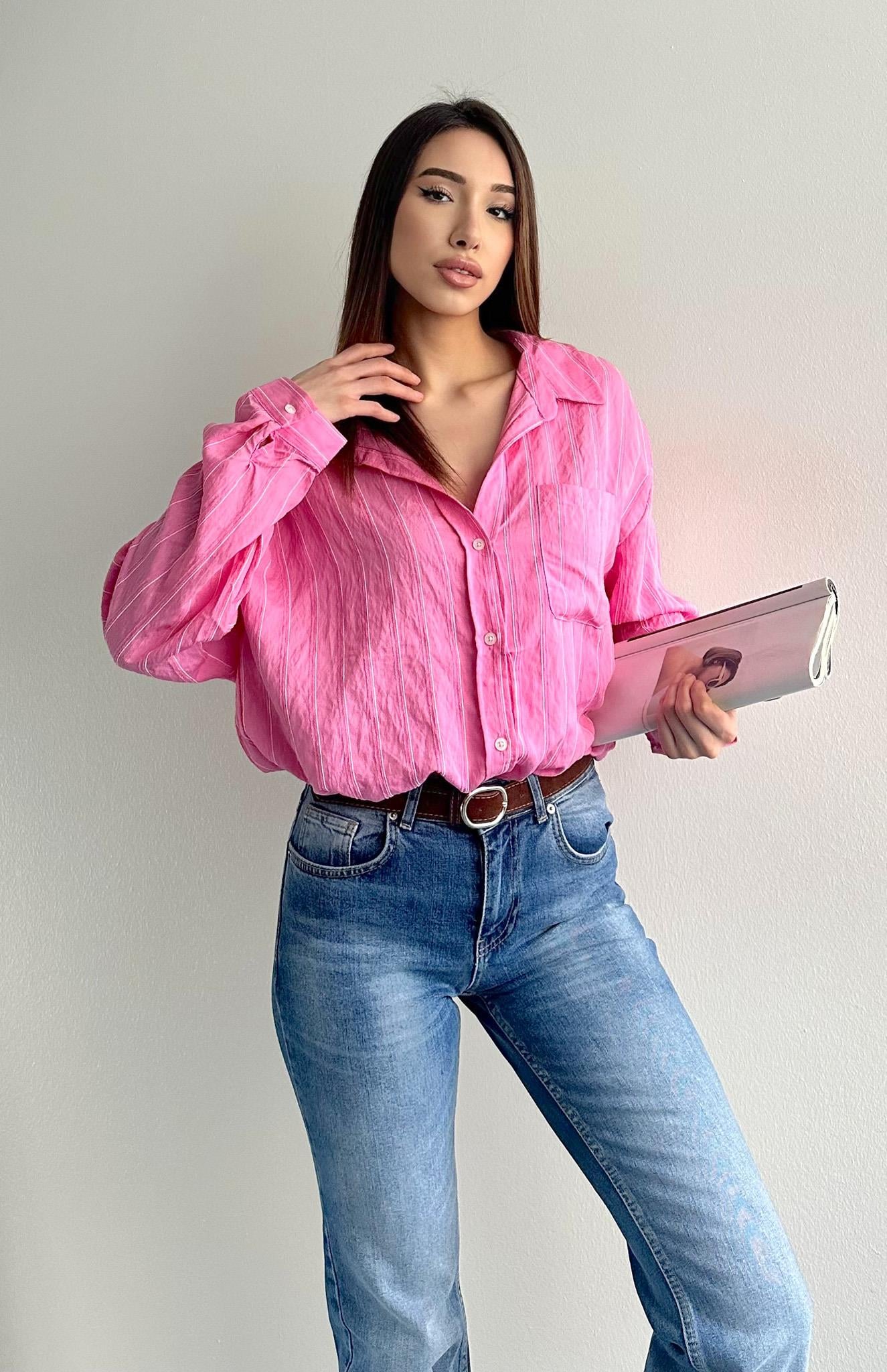 Oversize Çizgili Gömlek PEMBE