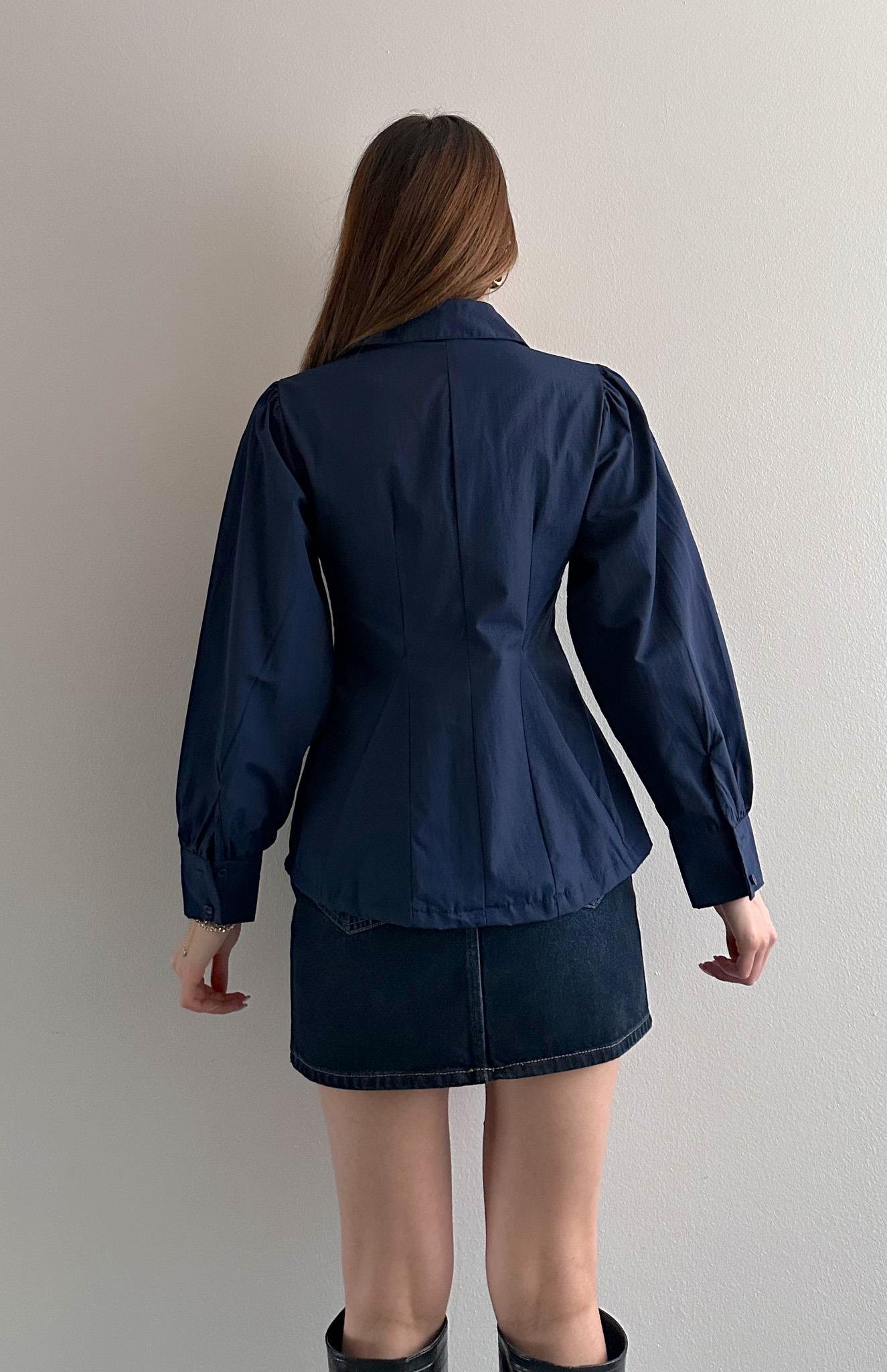 V Yaka Önü Bağlamalı Gömlek LACİVERT