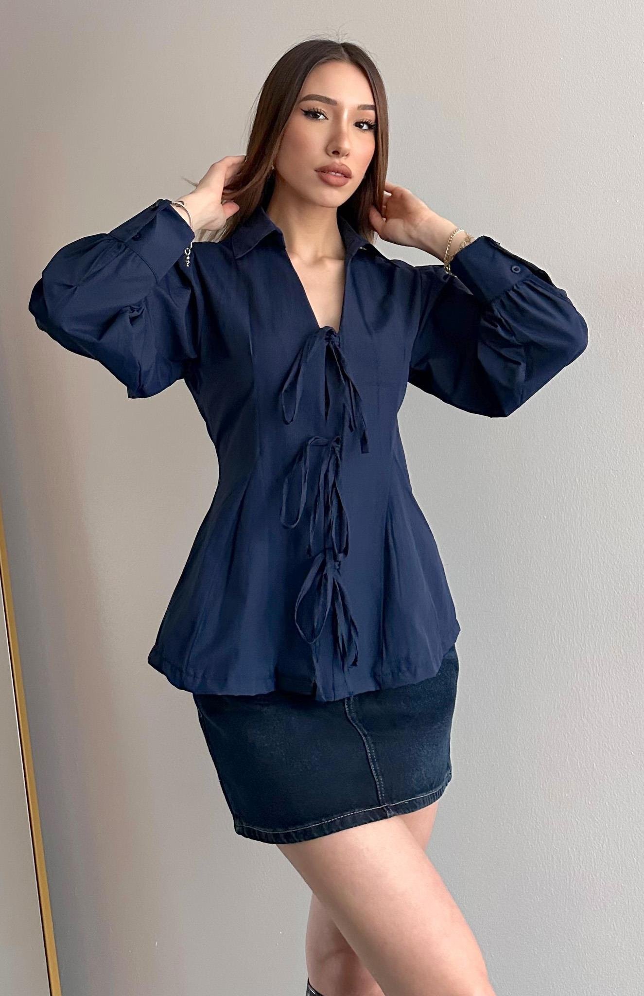 V Yaka Önü Bağlamalı Gömlek LACİVERT