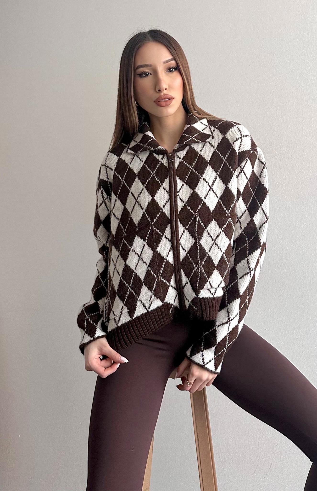 Baklava Desen Fermuarlı Hırka Kahve-Ekru