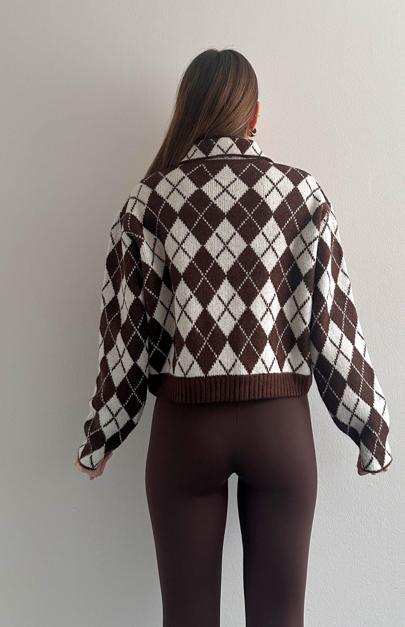 Baklava Desen Fermuarlı Hırka Kahve-Ekru