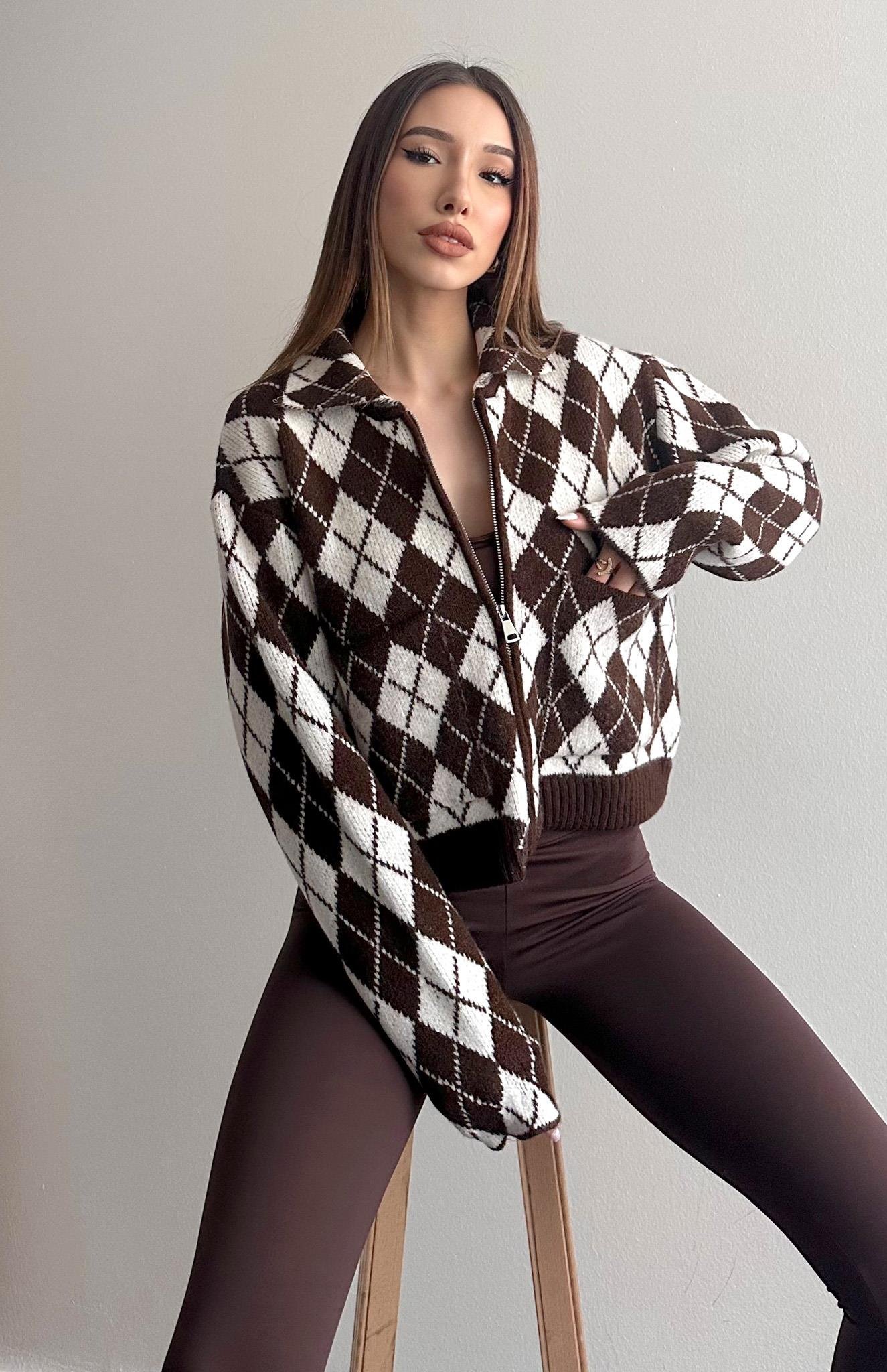 Baklava Desen Fermuarlı Hırka Kahve-Ekru