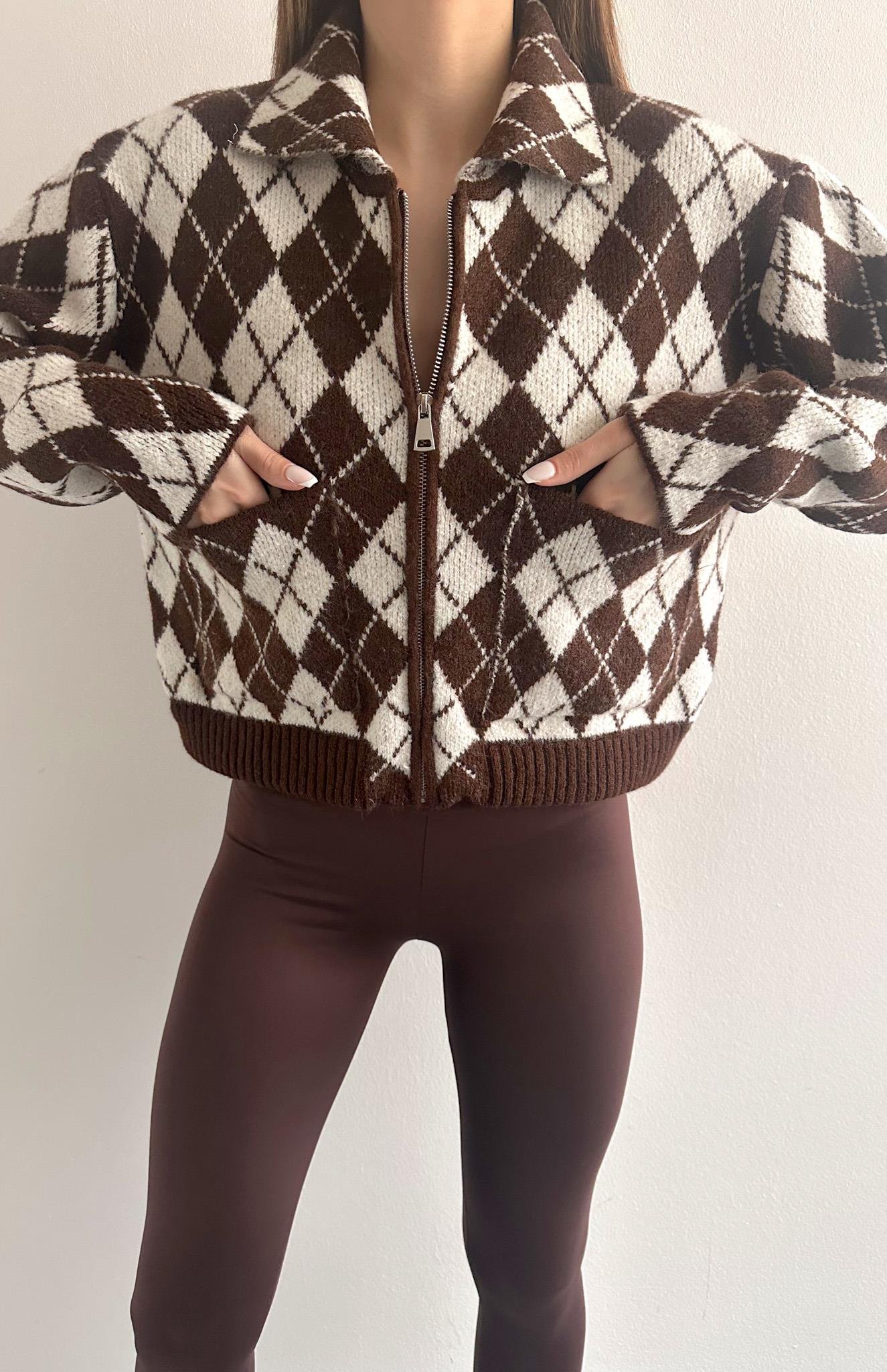 Baklava Desen Fermuarlı Hırka Kahve-Ekru