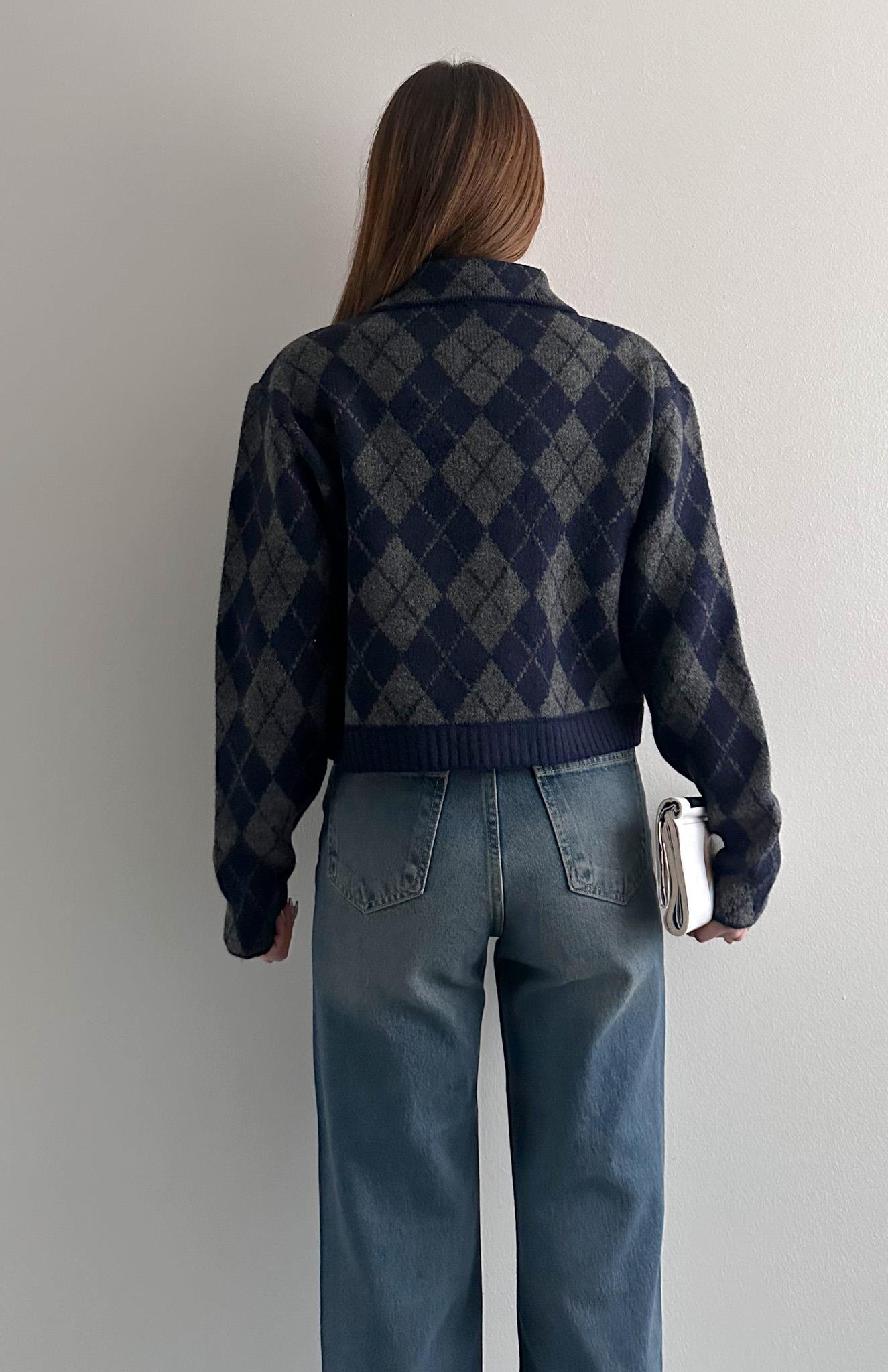 Baklava Desen Fermuarlı Hırka LACİ-GRİ