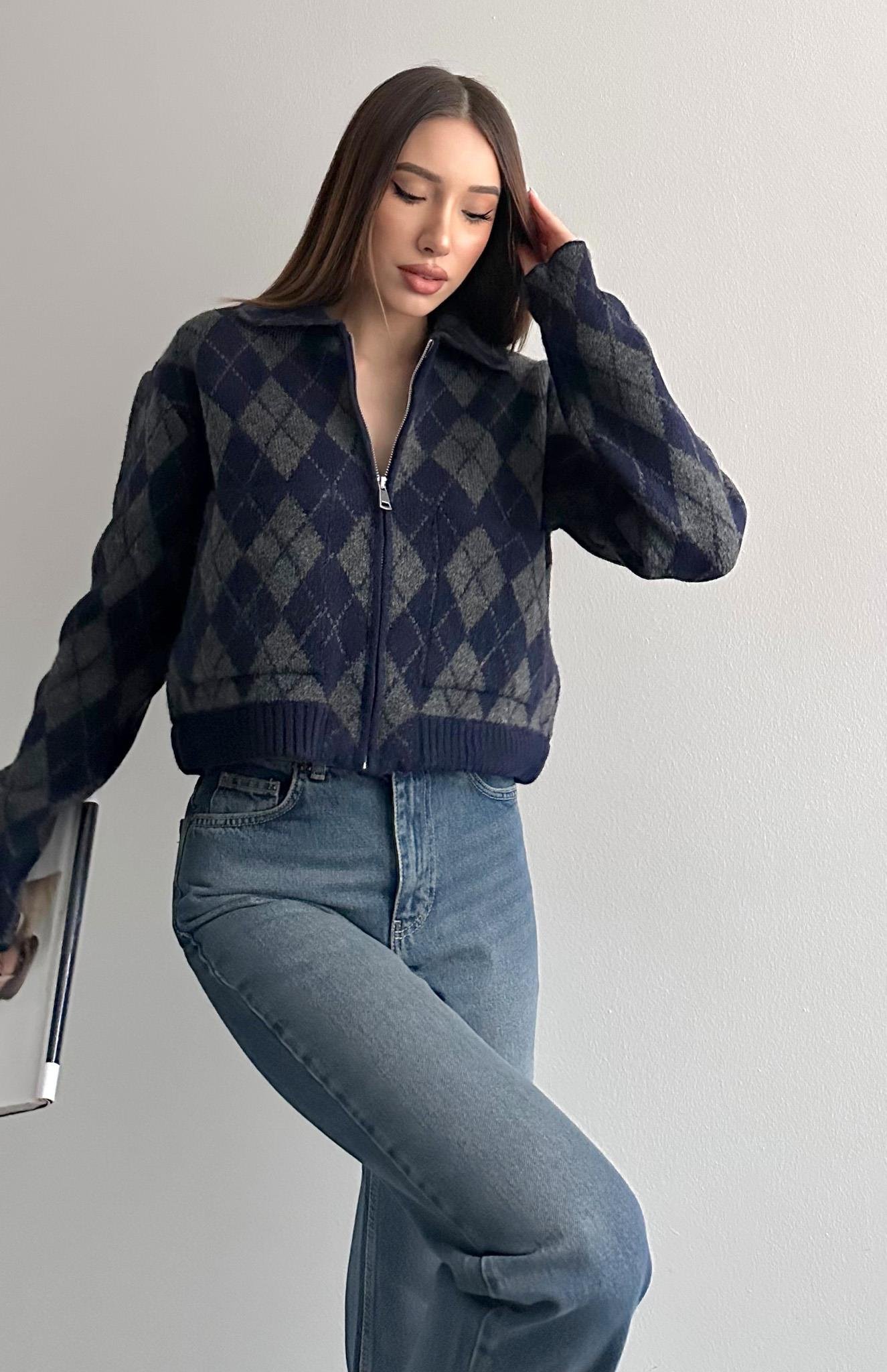 Baklava Desen Fermuarlı Hırka LACİ-GRİ