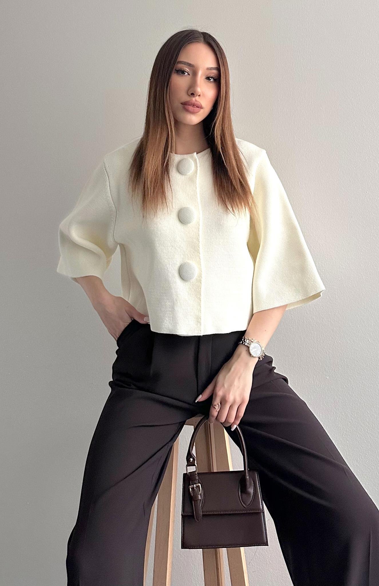 Bisiklet Yaka Çıtçıt Düğmeli Hırka EKRU