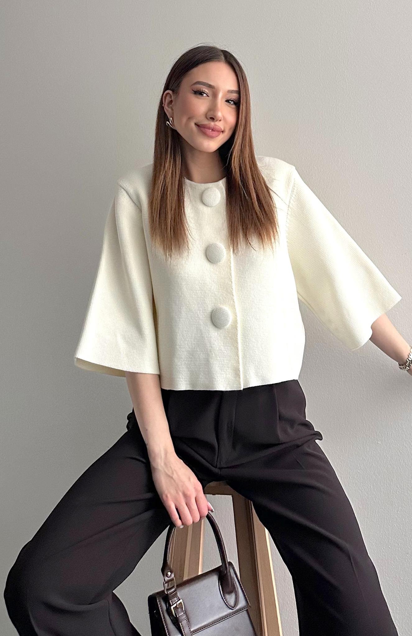 Bisiklet Yaka Çıtçıt Düğmeli Hırka EKRU