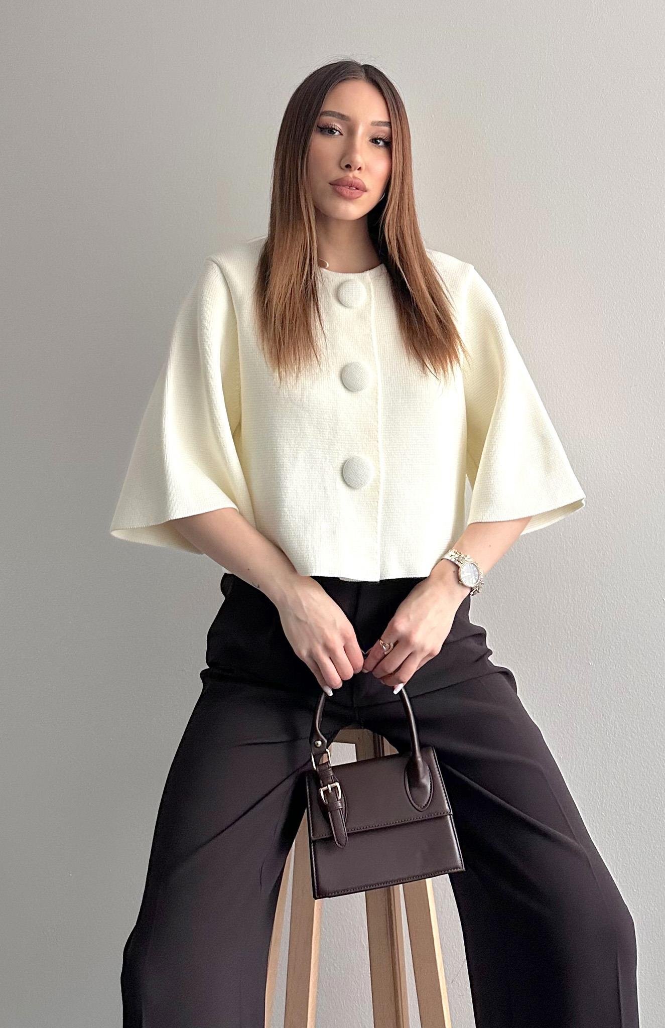 Bisiklet Yaka Çıtçıt Düğmeli Hırka EKRU