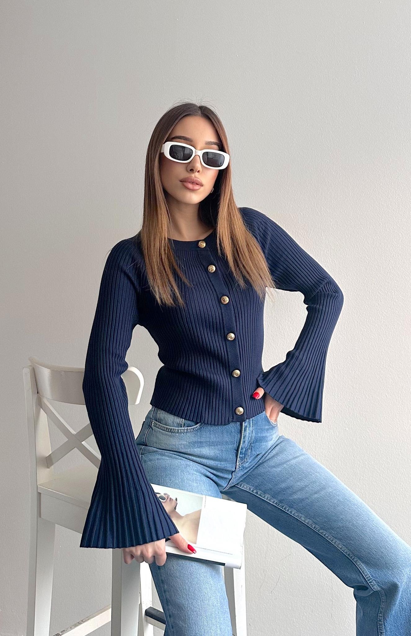 Bisiklet Yaka Düğmeli İspanyol Kol Hırka LACİVERT