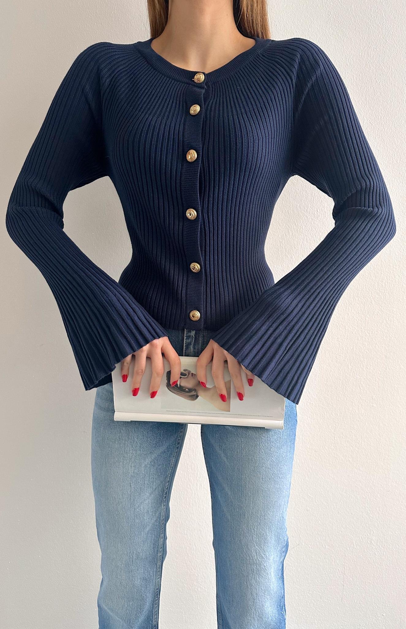 Bisiklet Yaka Düğmeli İspanyol Kol Hırka LACİVERT