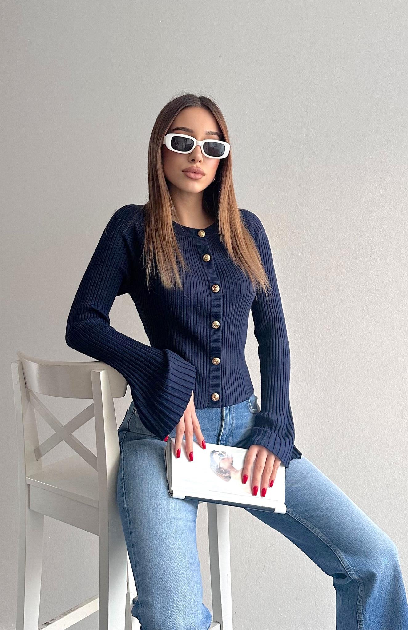 Bisiklet Yaka Düğmeli İspanyol Kol Hırka LACİVERT