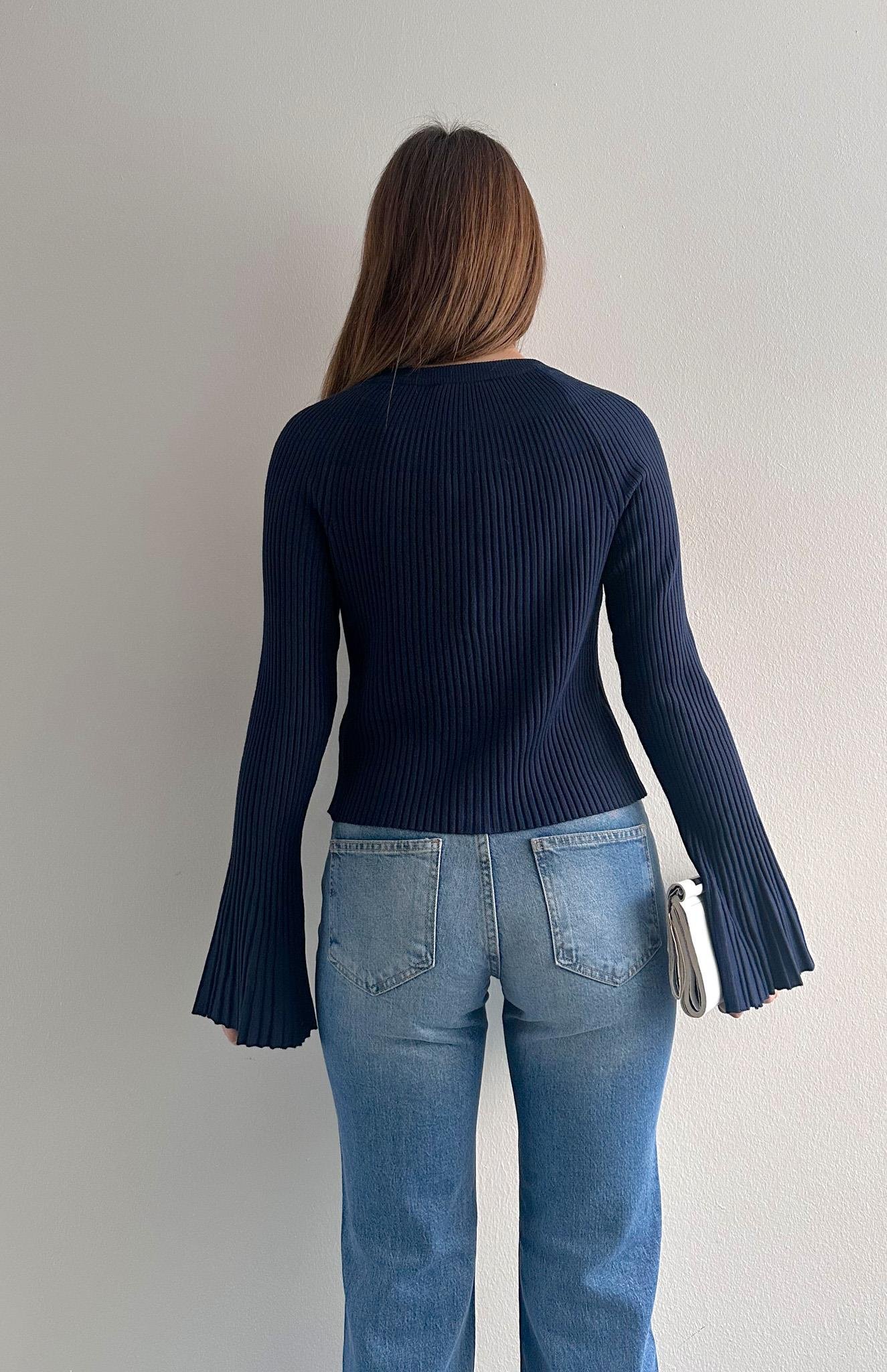 Bisiklet Yaka Düğmeli İspanyol Kol Hırka LACİVERT