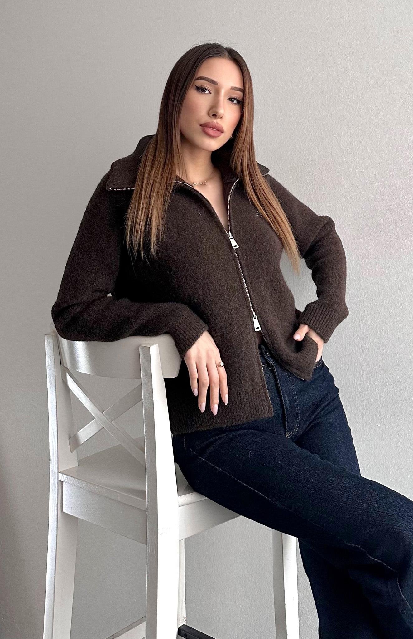 Çift Fermuarlı Lena Hırka KAHVERENGİ