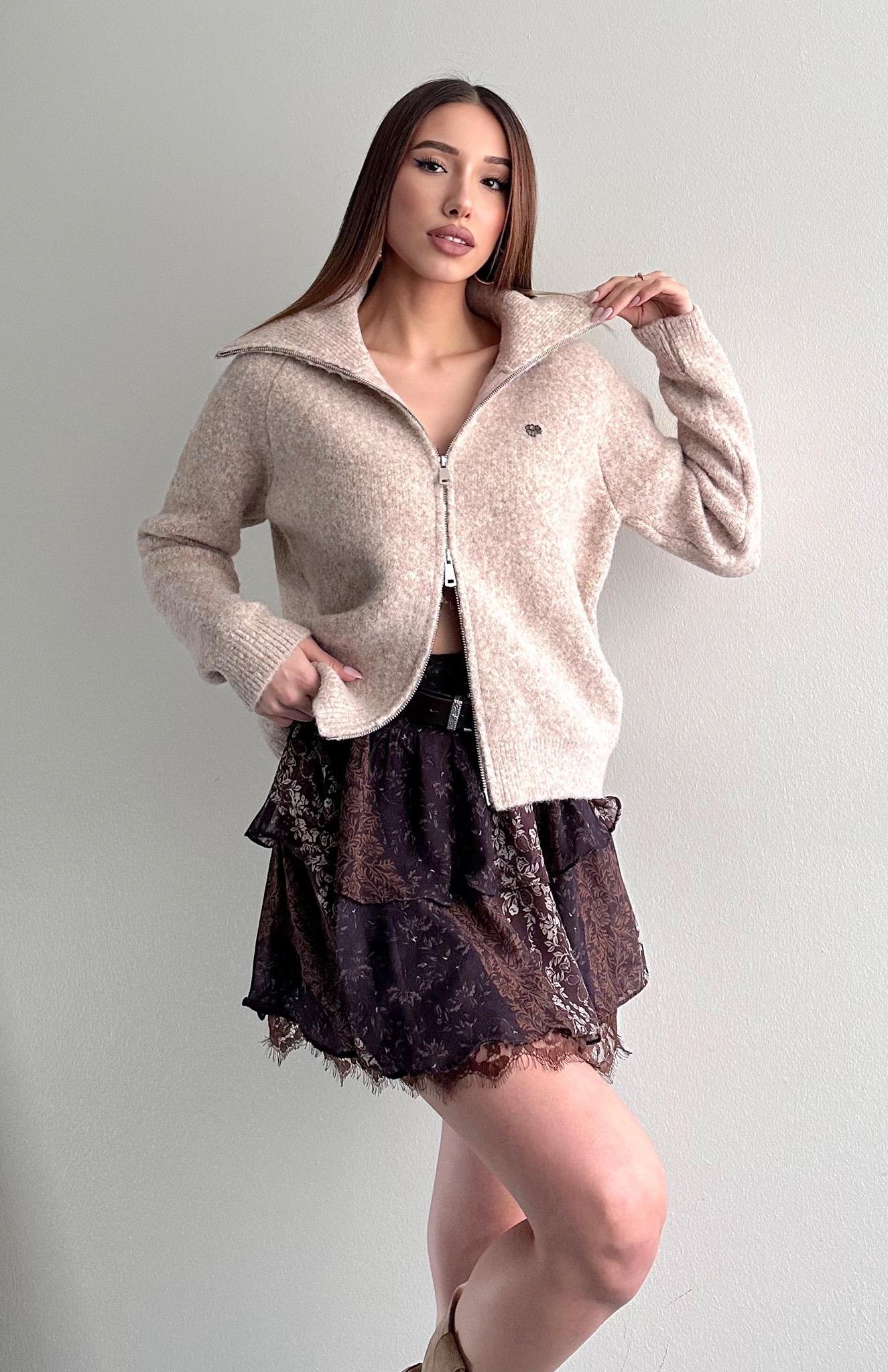 Çift Fermuarlı Lena Hırka VİZON